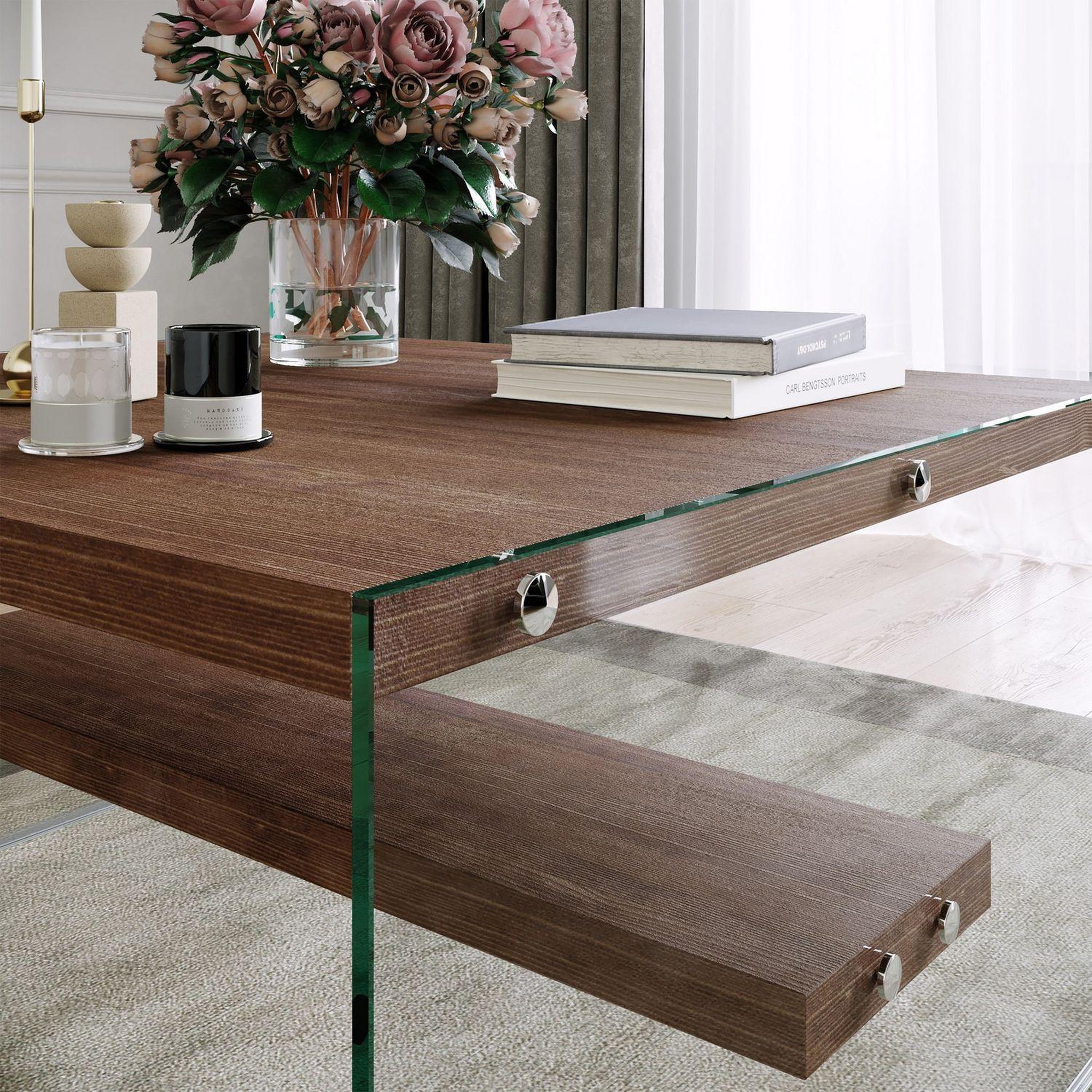 Voir la diapositive 3 : TOILINUX Table basse carrée 1 étagère en bois de pin et sa structure en verre - marron