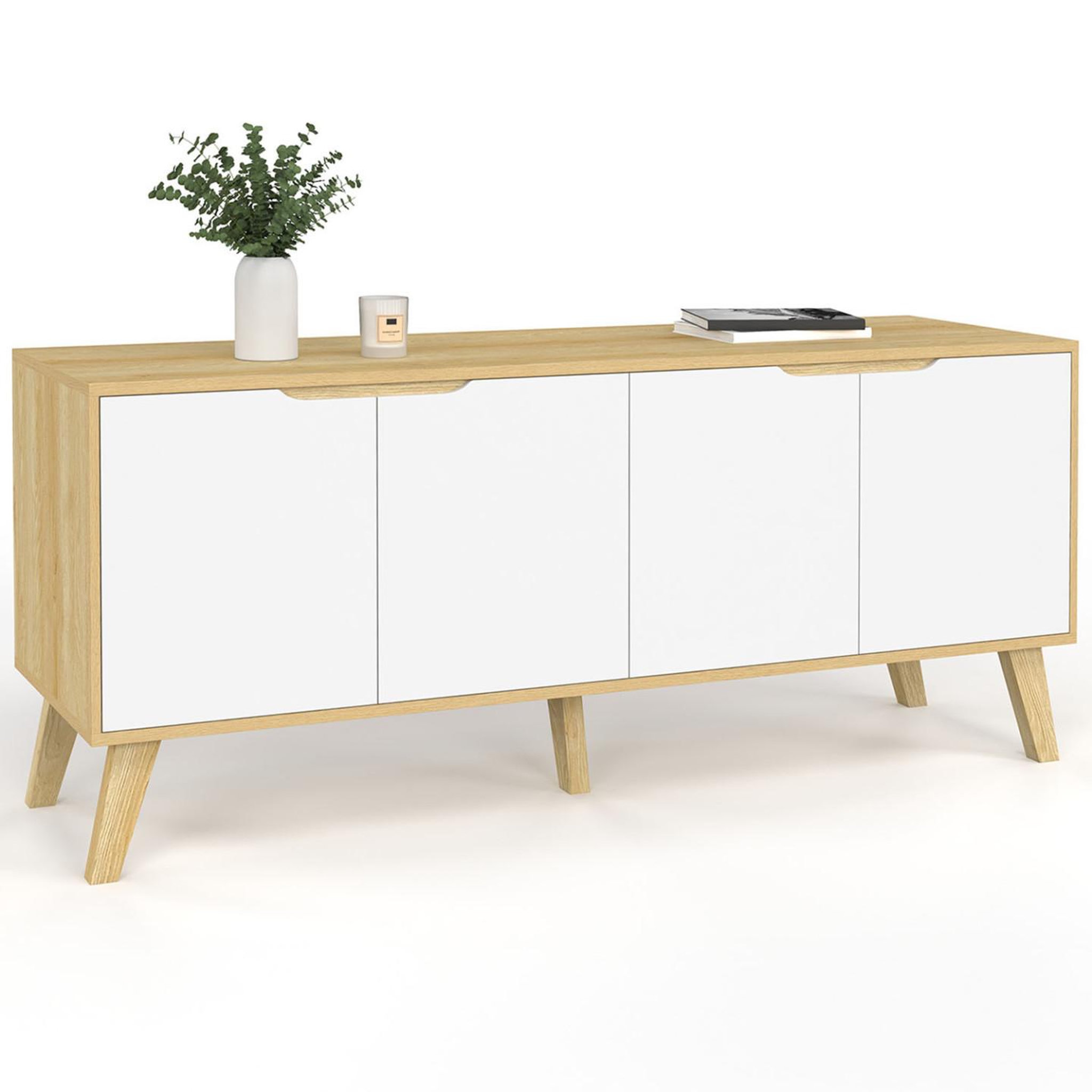 ID MARKET Buffet bas scandinave 140 cm finn  4 portes blanc et bois façon hêtre