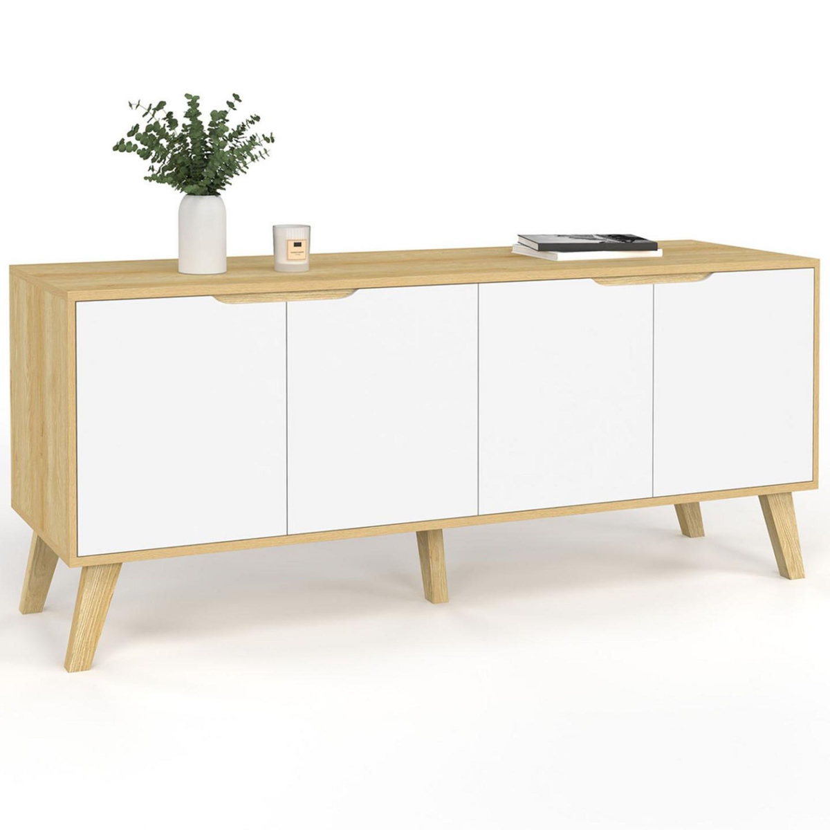 ID MARKET Buffet bas scandinave 140 cm FINN  4 portes blanc et bois façon hêtre