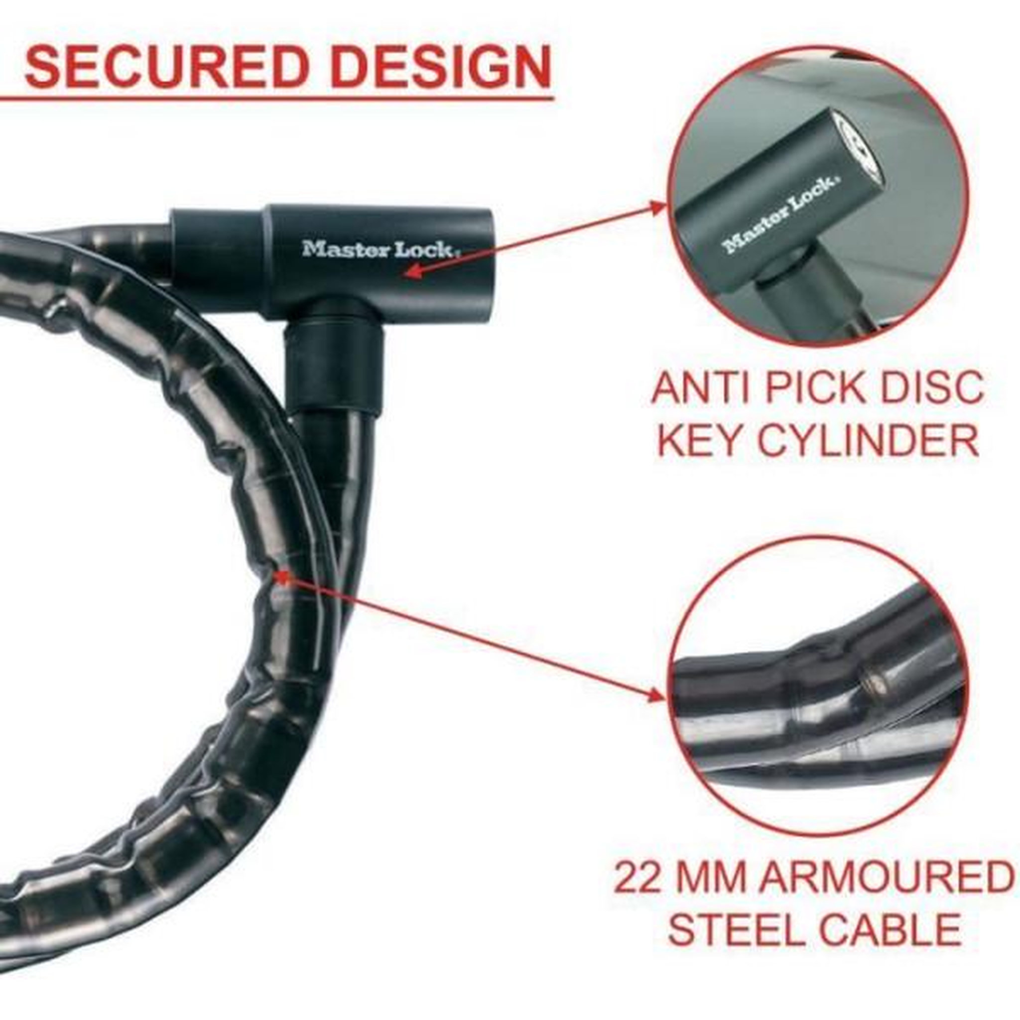 Voir la diapositive 3 : Master lock Câble antivol a clé en acier Master Lock 8115EURDPS - Noir