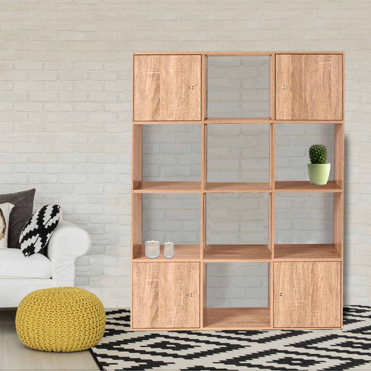 ID MARKET Meuble de rangement cube RUDY 12 cases bois façon hêtre avec portes