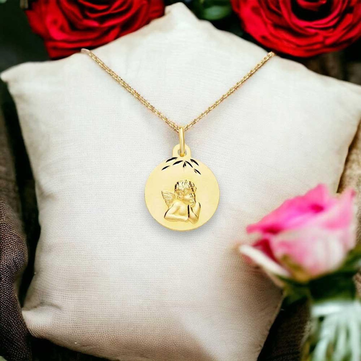 L'ATELIER D'AZUR Collier - Médaille Ange Or Jaune - Chaîne Dorée et Gravure Offerte