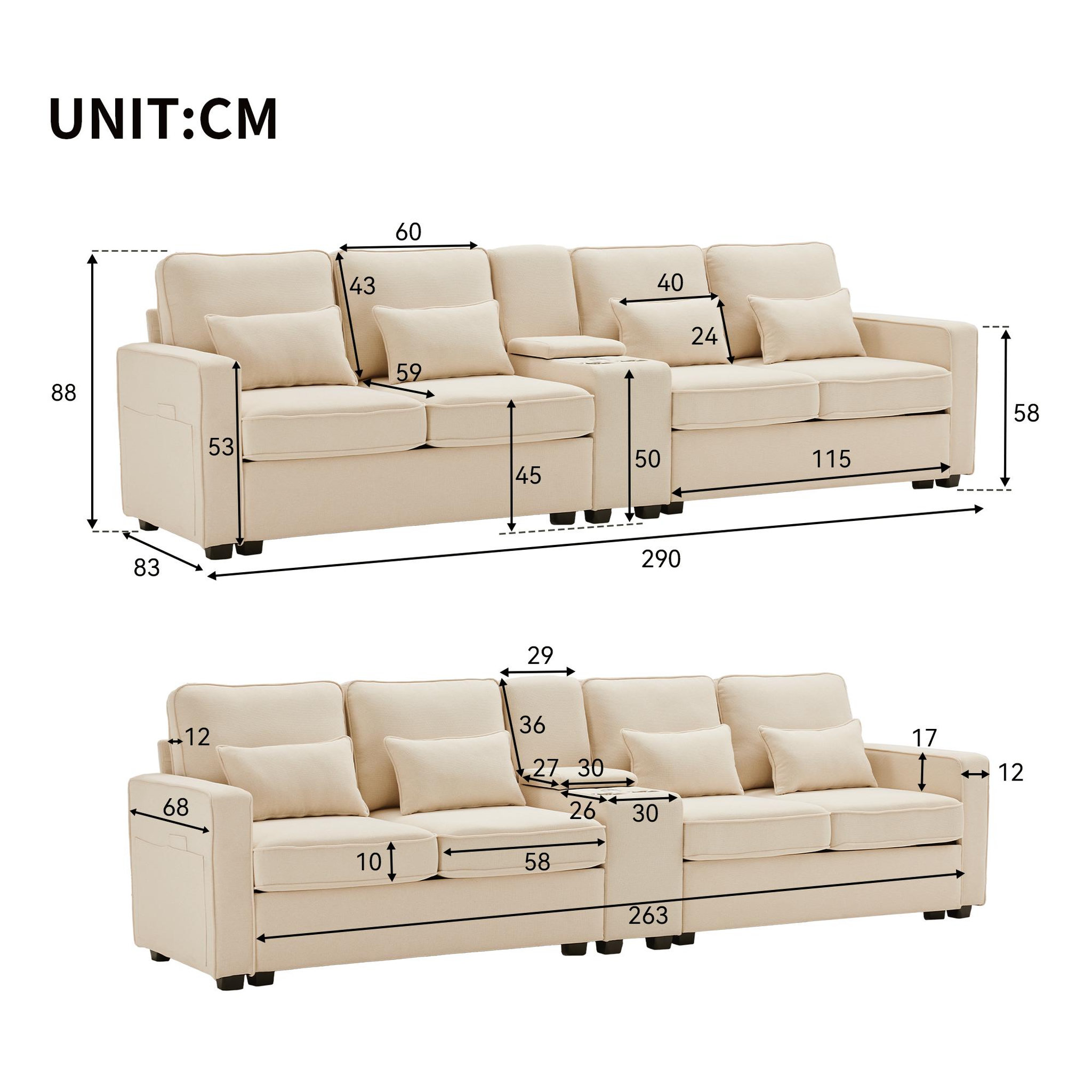 Voir la diapositive 4 : MERAX Canapé 4 Places Fixe Lin Avec 2 Porte-gobelets, 2 Ports USB