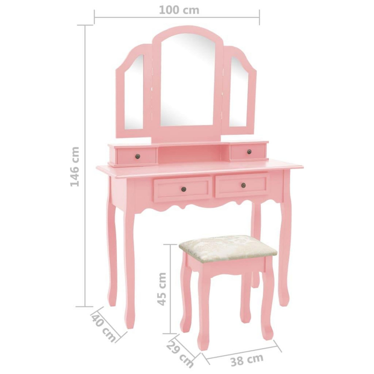 VIDAXL Ensemble de coiffeuse et tabouret Rose 100x40x146 cm Paulownia