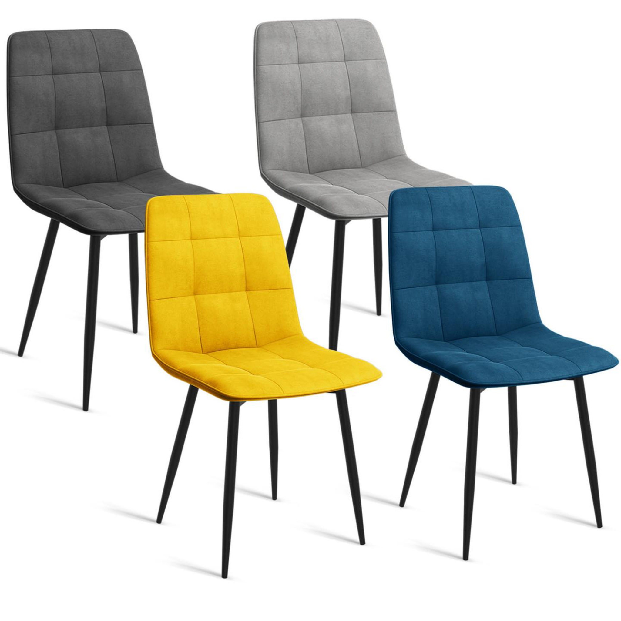 ID MARKET Lot de 4 chaises mila en velours mix color bleu, gris clair, gris foncé, jaune