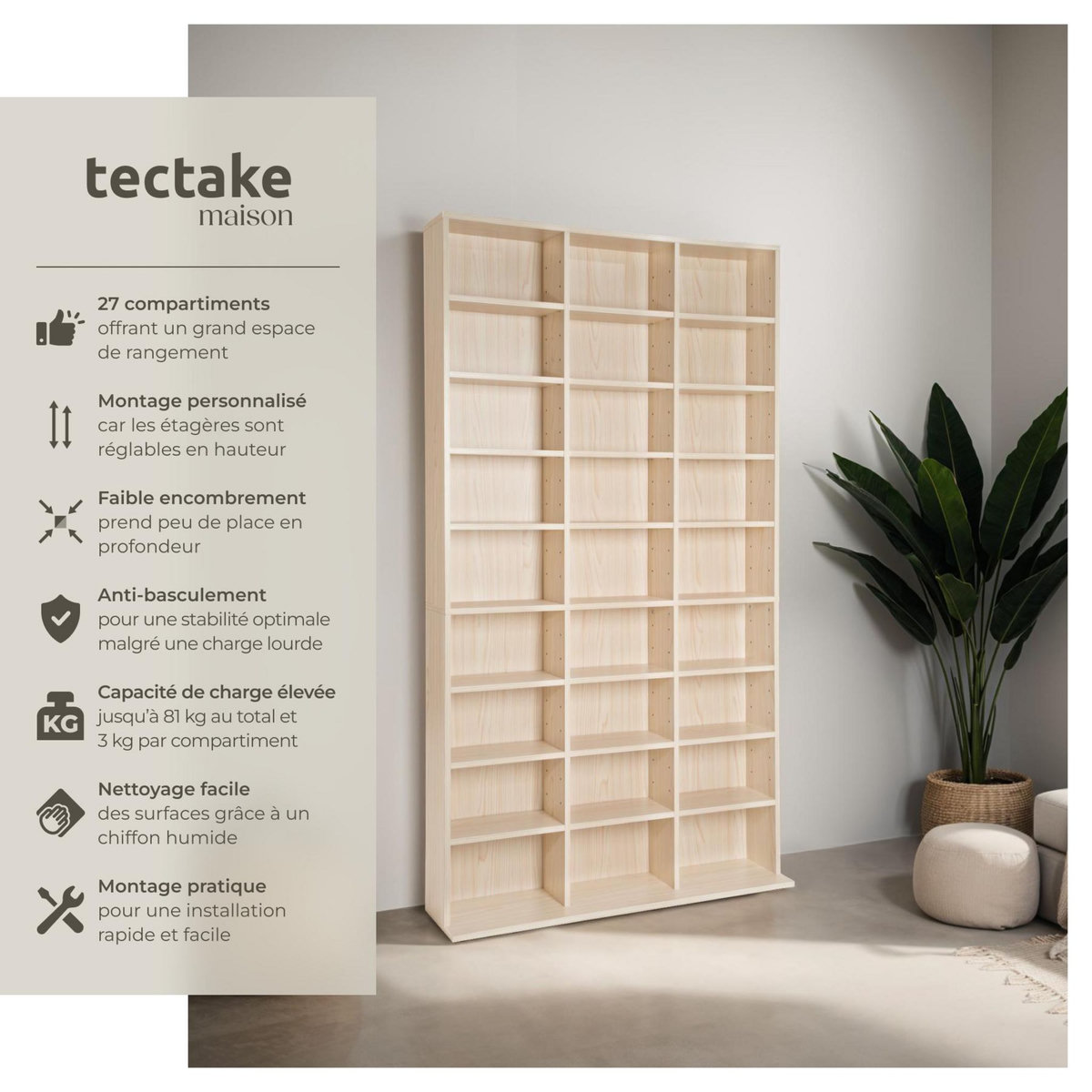 tectake Étagère DVD CD aspect bois marron hêtre