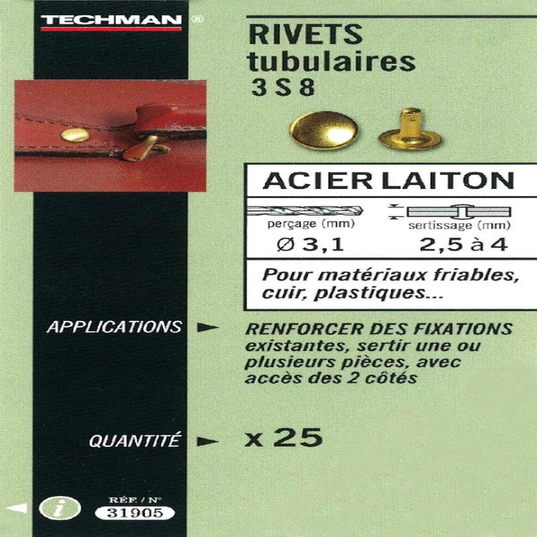 TECHMAN 25 rivets tubulaires acier / laiton Ø 8 x 10 mm