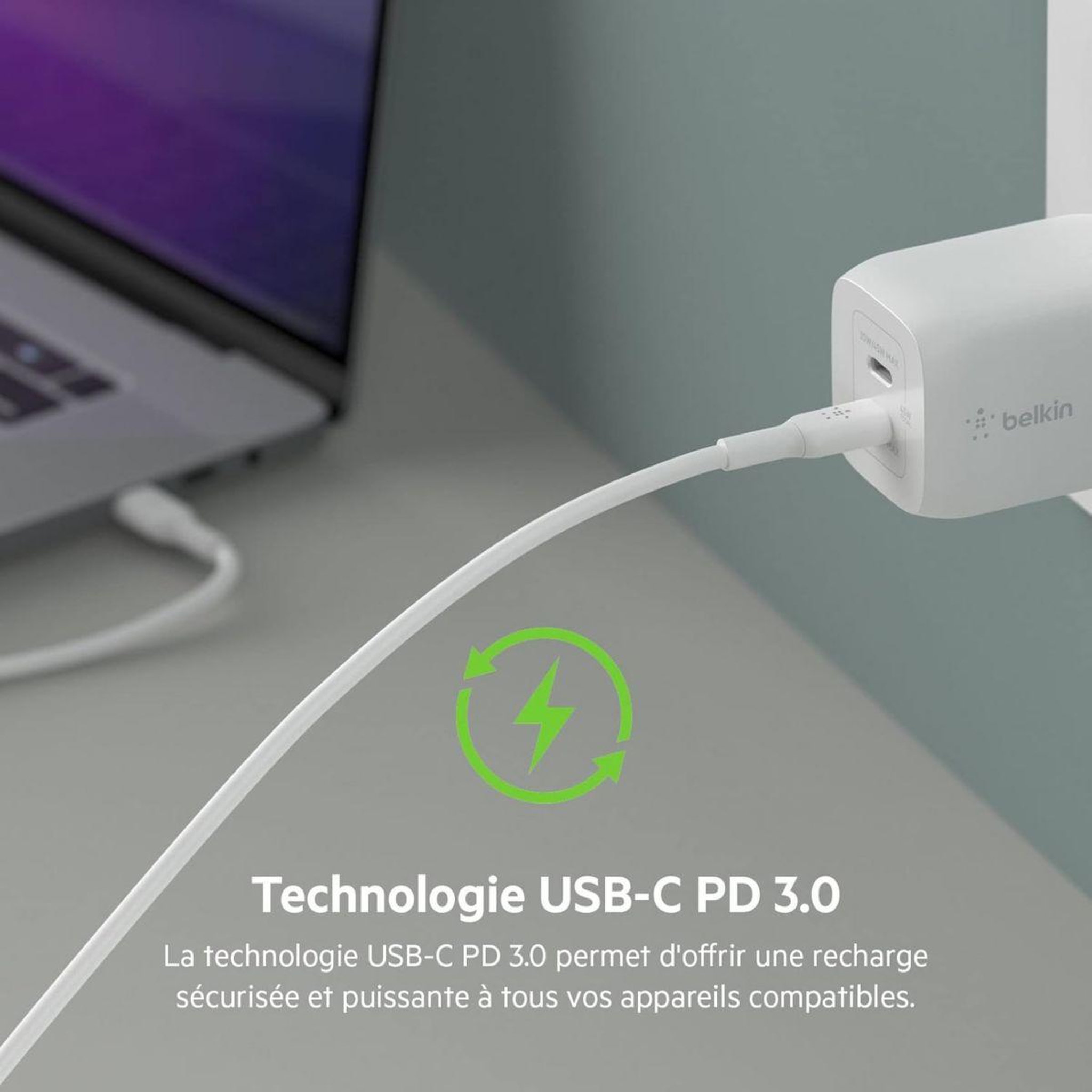 Voir la diapositive 5 : Belkin Chargeur USB C x2 65W GaN PPS + Cable USB-C 2m