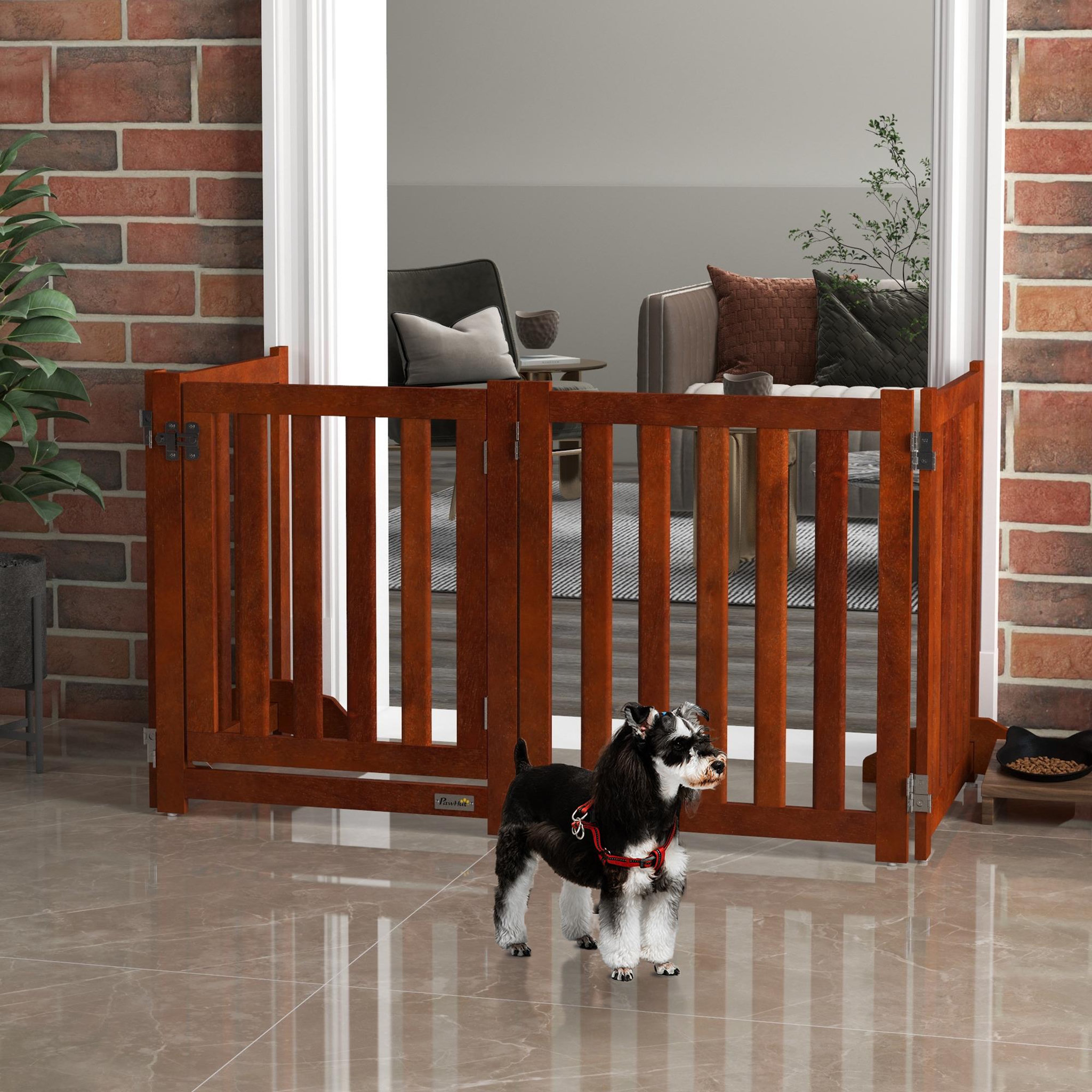 Voir la diapositive 2 : PAWHUT Barrière de sécurité chien pliable modulable autoportante avec porte max. 205 x 60 cm mdf effet acajou