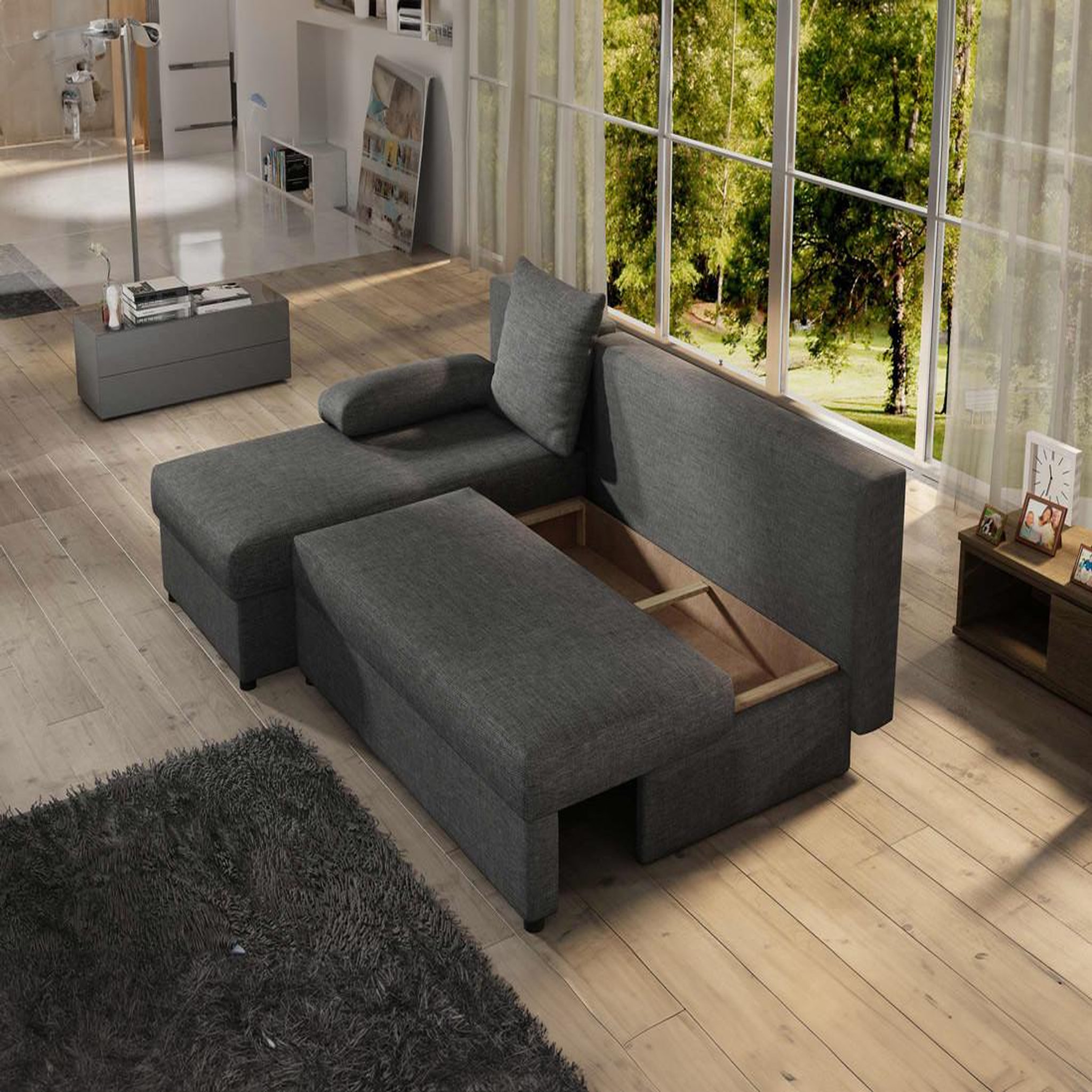 Voir la diapositive 2 : BEST MOBILIER Numancia - canapé d'angle réversible 4 places - convertible avec coffre - en tissu