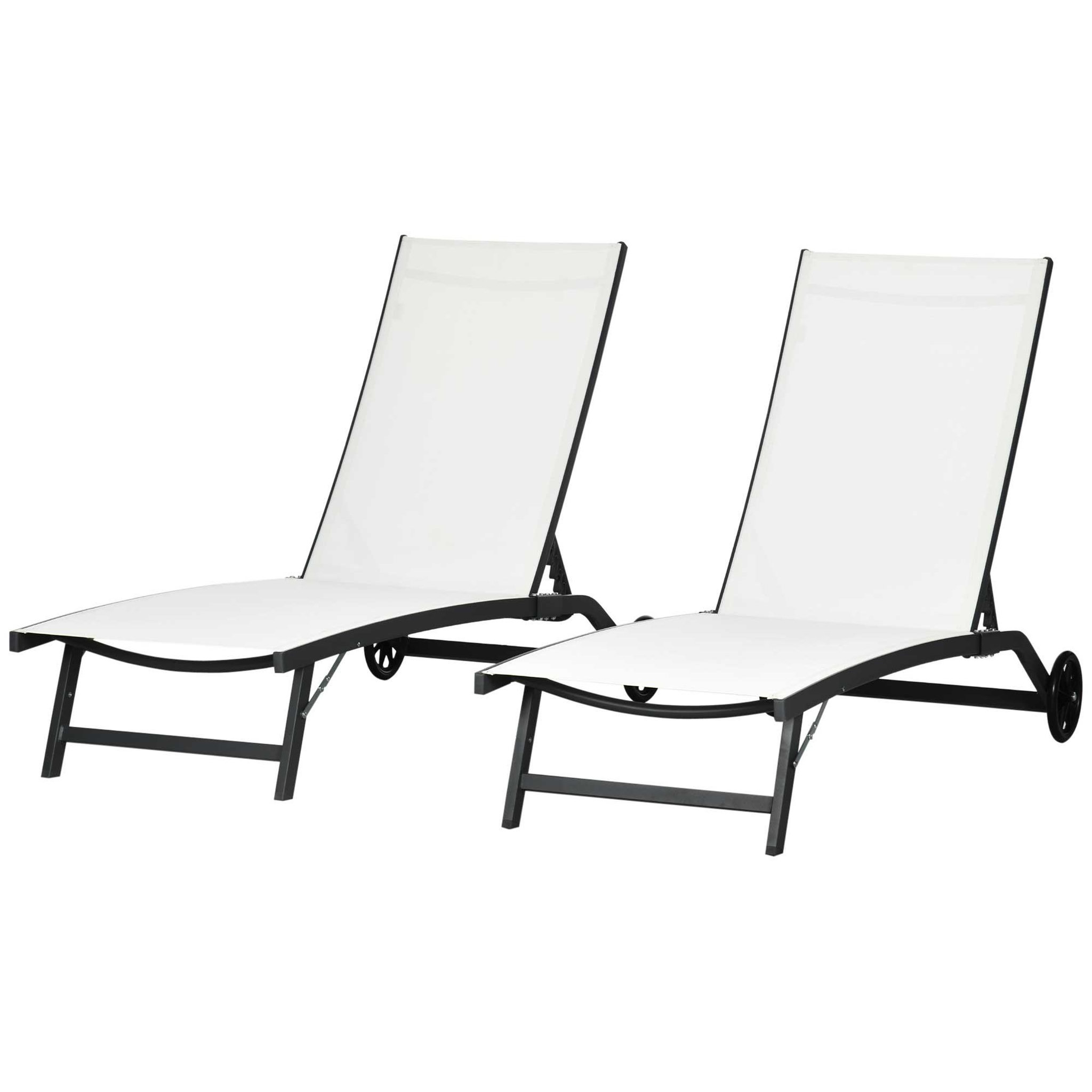Voir la diapositive 5 : OUTSUNNY Lot de 2 bains de soleil transats inclinables - 2 roulettes - alu. textilène crème