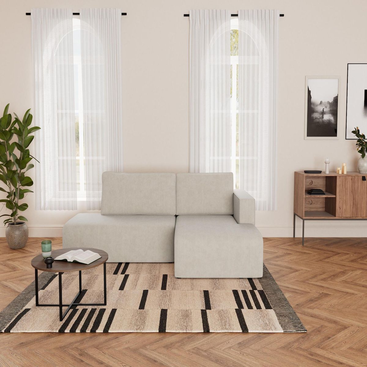 BEST MOBILIER Topaze - canapé d'angle droit 4 places convertible avec coffre en velours côtelé