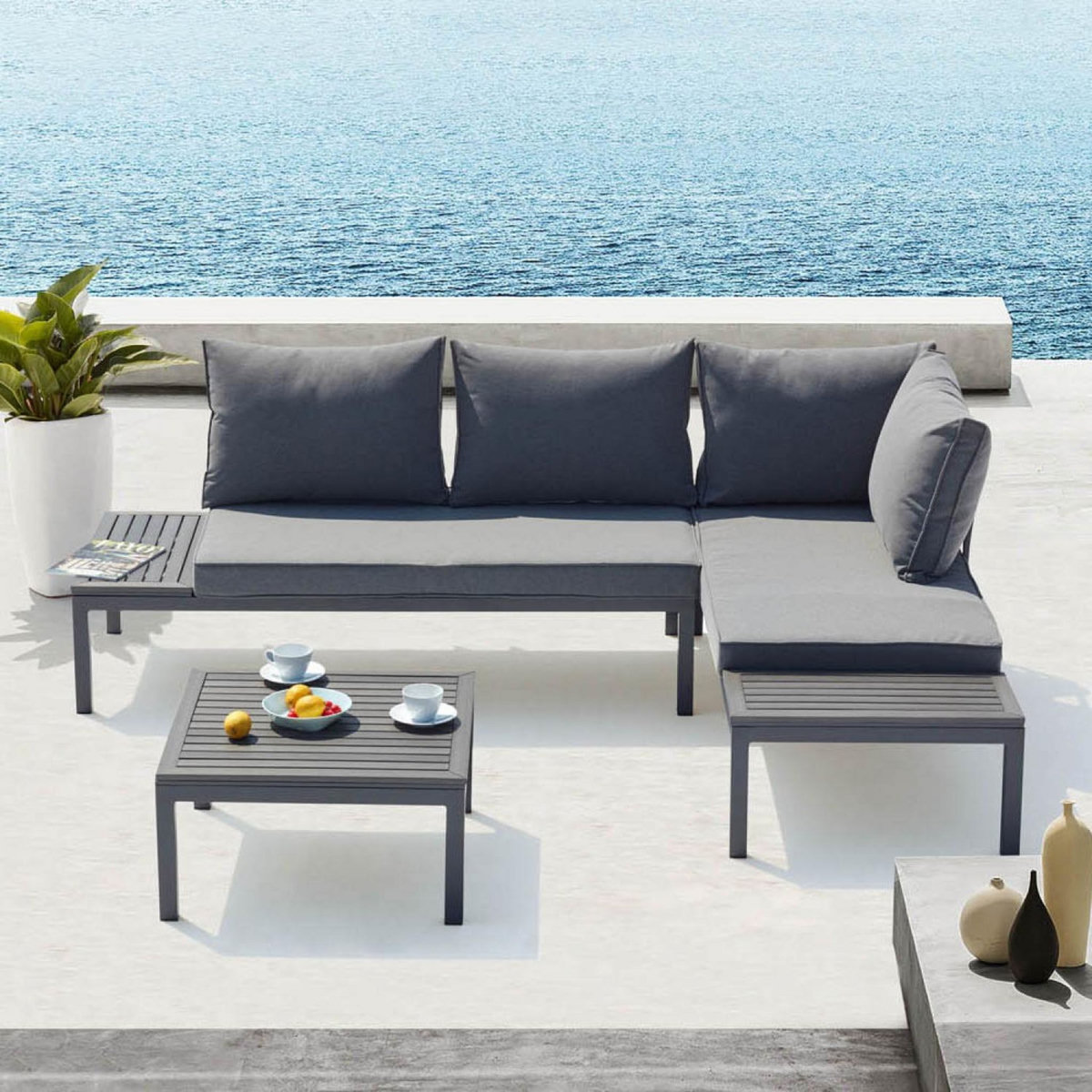 CONCEPT USINE Salon de jardin 4 places en aluminium et acier gris foncé LOLEA