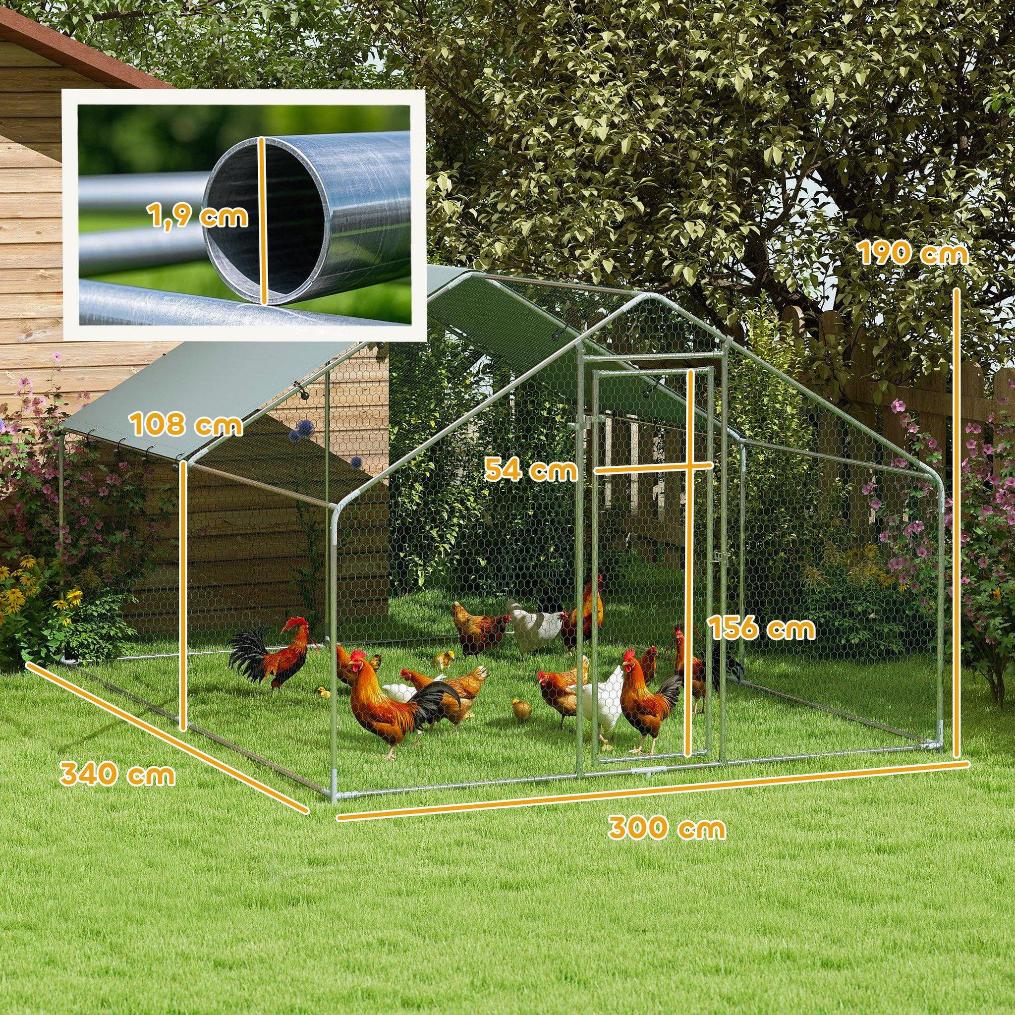 Voir la diapositive 3 : PAWHUT Enclos poulailler chenil 10,2 m² - parc grillagé dim. 3L x 3,4l x 1,9H m - espace couvert - acier galvanisé