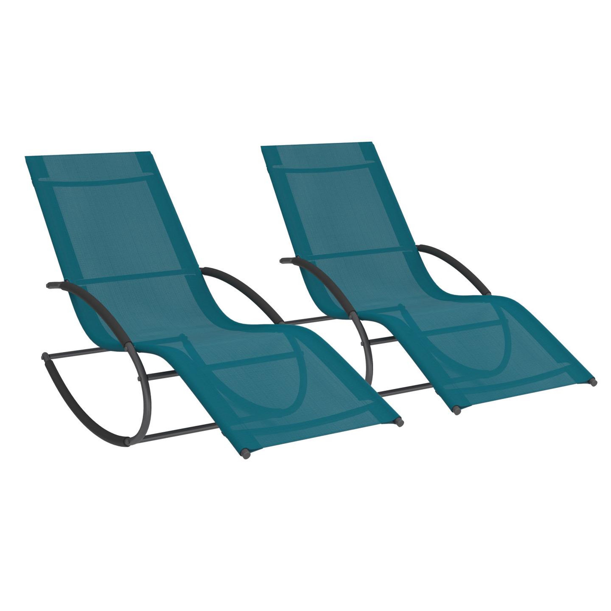 ID MARKET Lot de 2 chaises longues - transat de jardin à bascule malawi gris anthracite et toile bleu canard