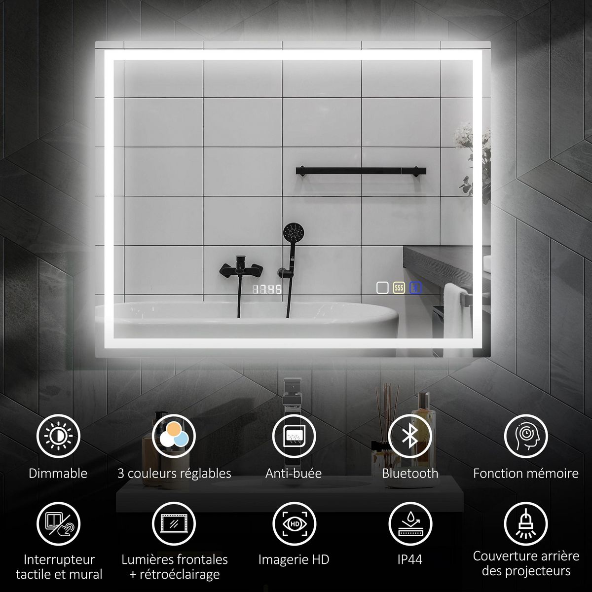 HOMCOM Miroir lumineux LED salle de bain 100 x 80 cm bluetooth interrupteur tactile lumière réglable 3 couleurs fonction anti-buée et mémoire