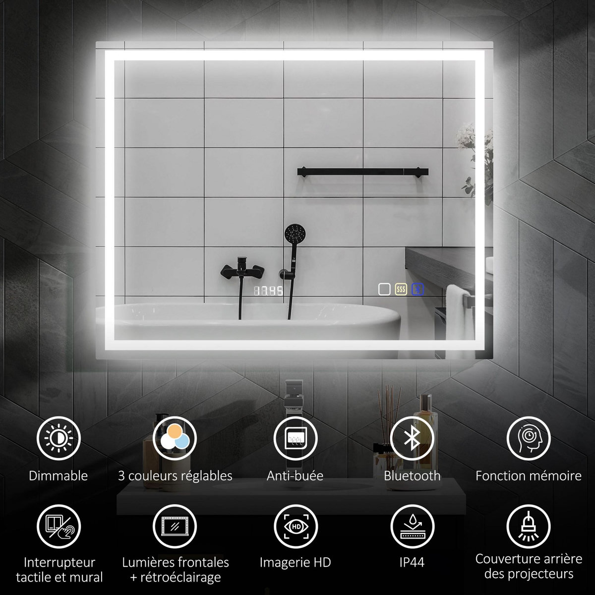 HOMCOM Miroir lumineux LED salle de bain 100 x 80 cm bluetooth interrupteur tactile lumière réglable 3 couleurs fonction anti-buée et mémoire