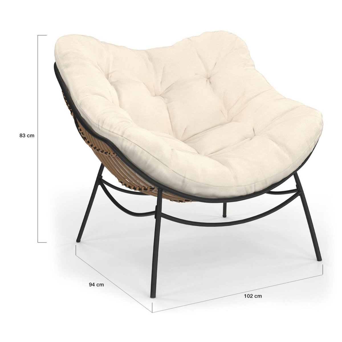 ID MARKET Fauteuil de jardin relax LOA effet rotin avec coussin écru