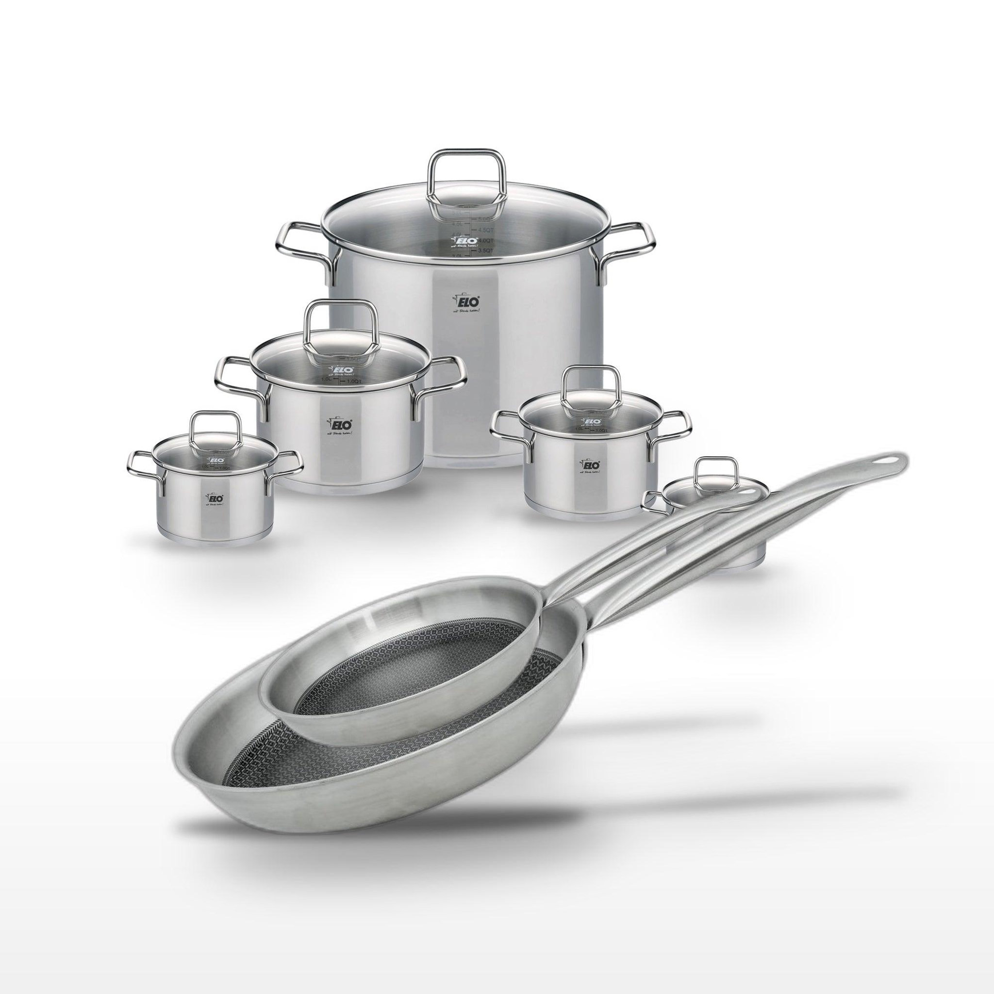 ELO Batterie de cuisine ensemble 2 faitouts 12/14 cm 1 faitout 16 cm 2 faitouts 20/26 cm 2 poêles 24/28 cm elo collection relief solution citrin