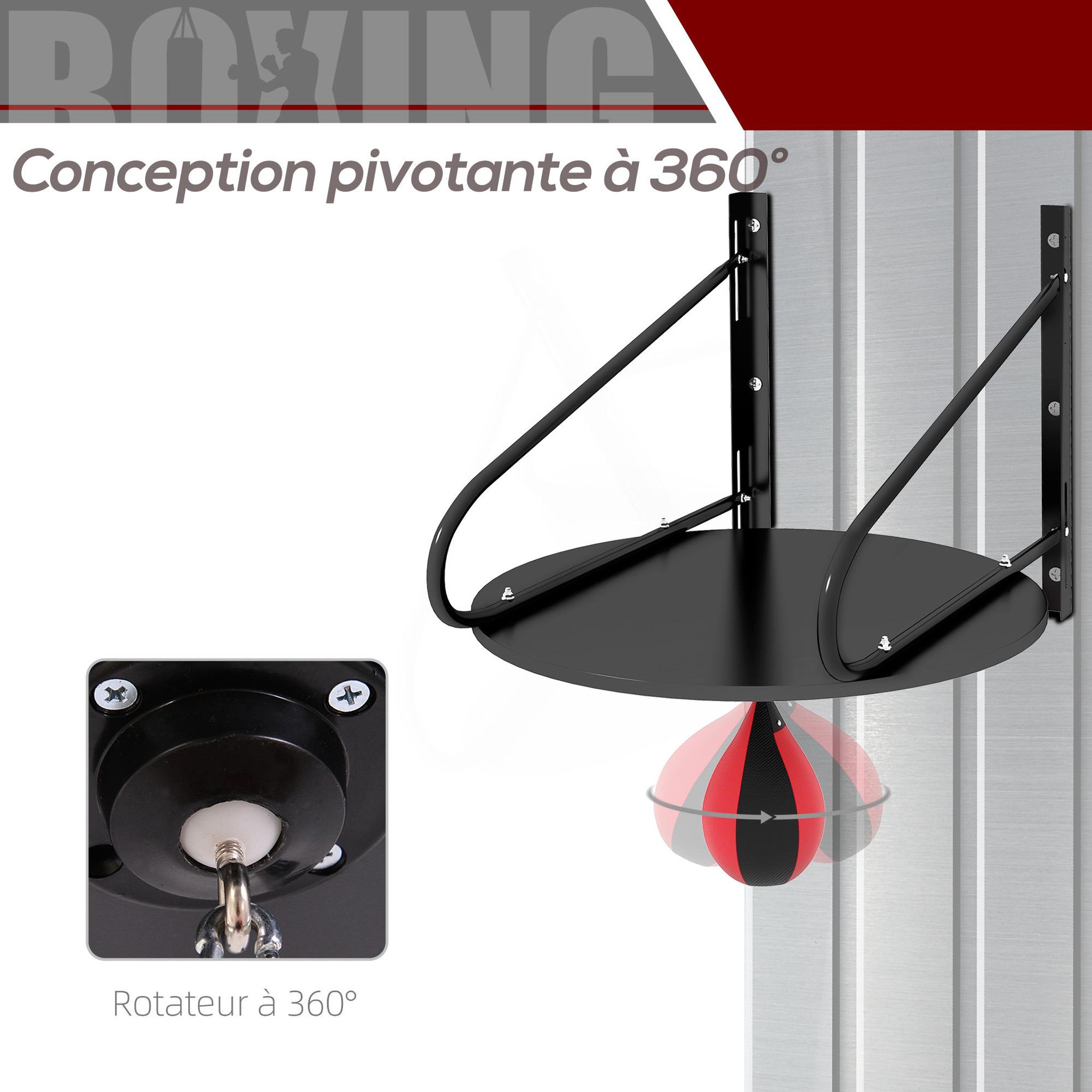 Voir la diapositive 4 : HOMCOM Punching ball poire de vitesse boxe avec support plateau tournant + pompe mdf acier revêtement synthétique rouge noir