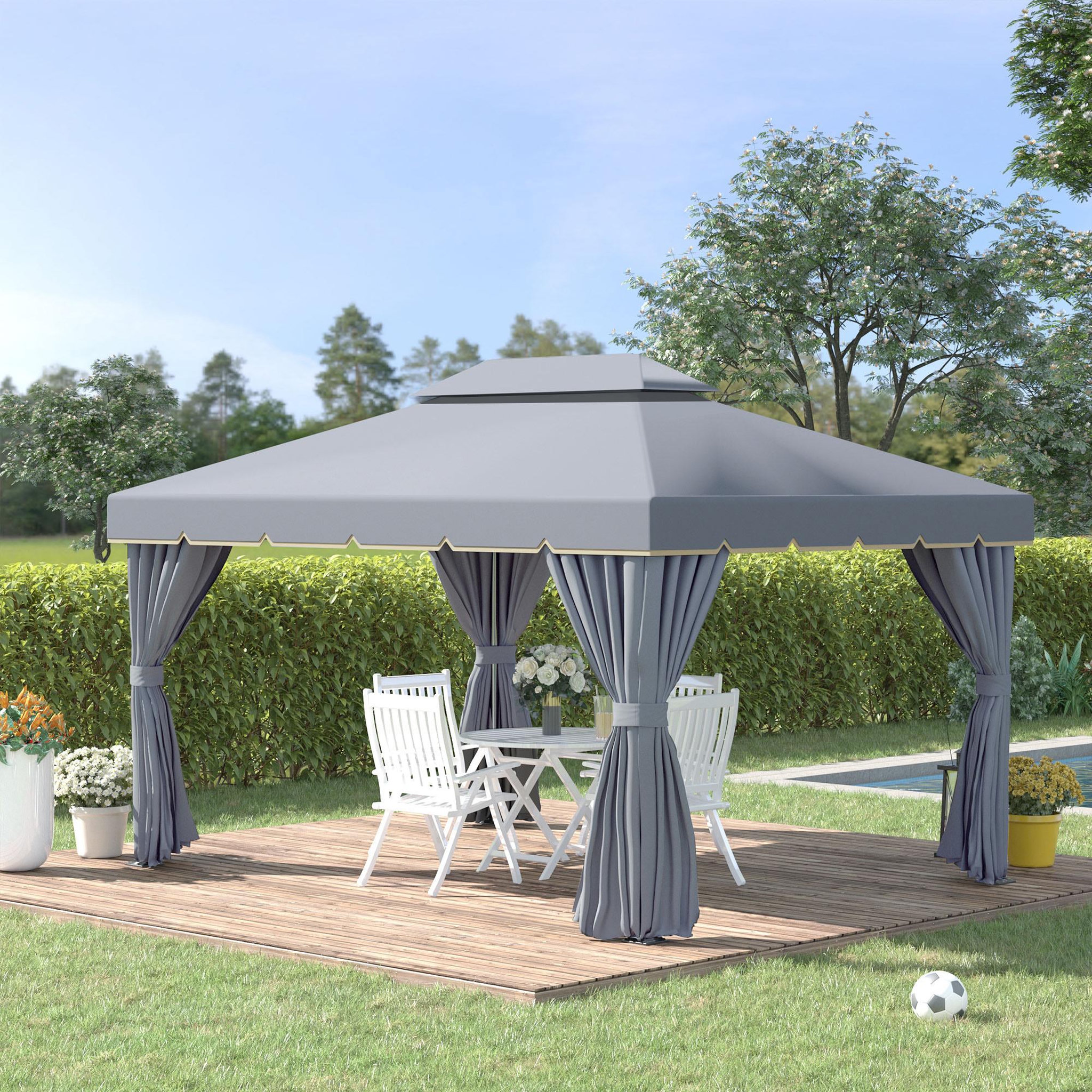 Voir la diapositive 2 : OUTSUNNY Tonnelle barnum pavillon de jardin style colonial double toit toile moustiquaires et toiles amovibles 3,9L x 2,9l x 2,8H m gris