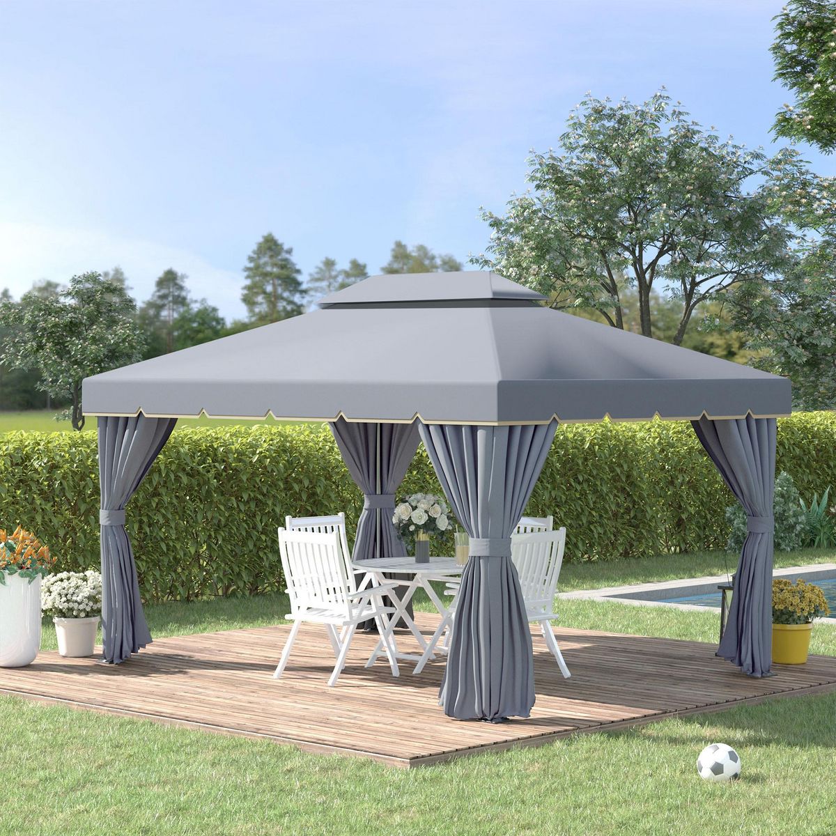 OUTSUNNY Tonnelle barnum pavillon de jardin style colonial double toit toile moustiquaires et toiles amovibles 3,9L x 2,9l x 2,8H m gris