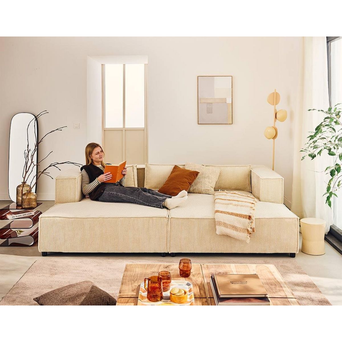 LISA DESIGN Stella - canapé droit 3 places avec double méridienne - assise profonde - en velours côtelé