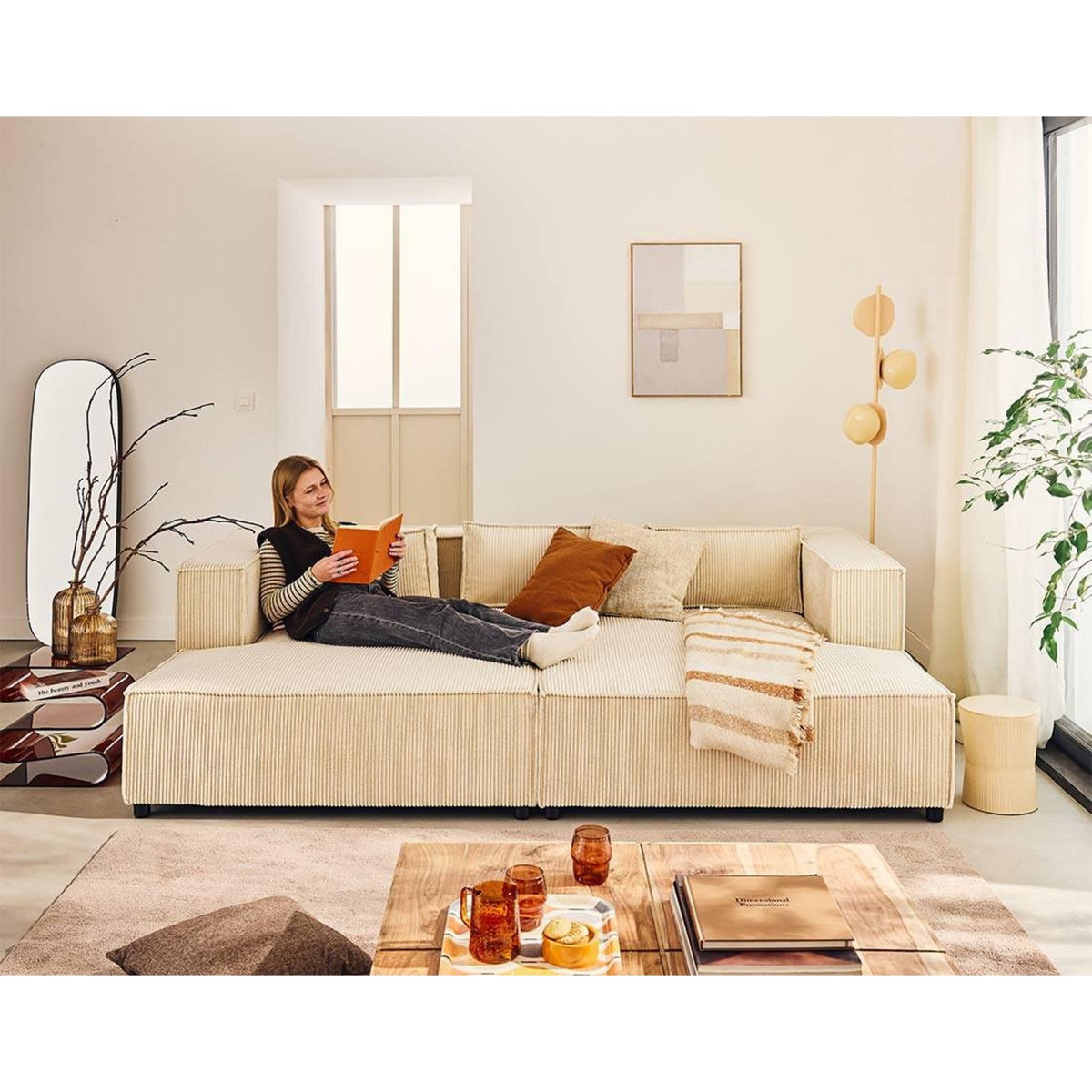 LISA DESIGN Stella - canapé droit 3 places avec double méridienne - assise profonde - en velours côtelé