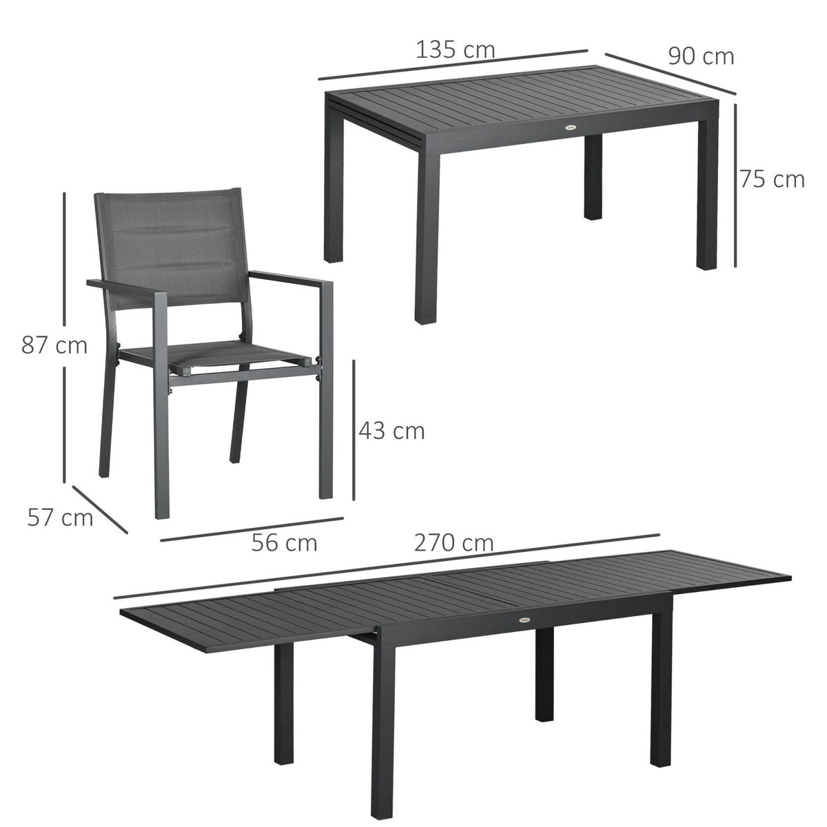 OUTSUNNY Ensemble de jardin 8 personnes chaises empilables table extensible 135/270L cm alu. textilène gris