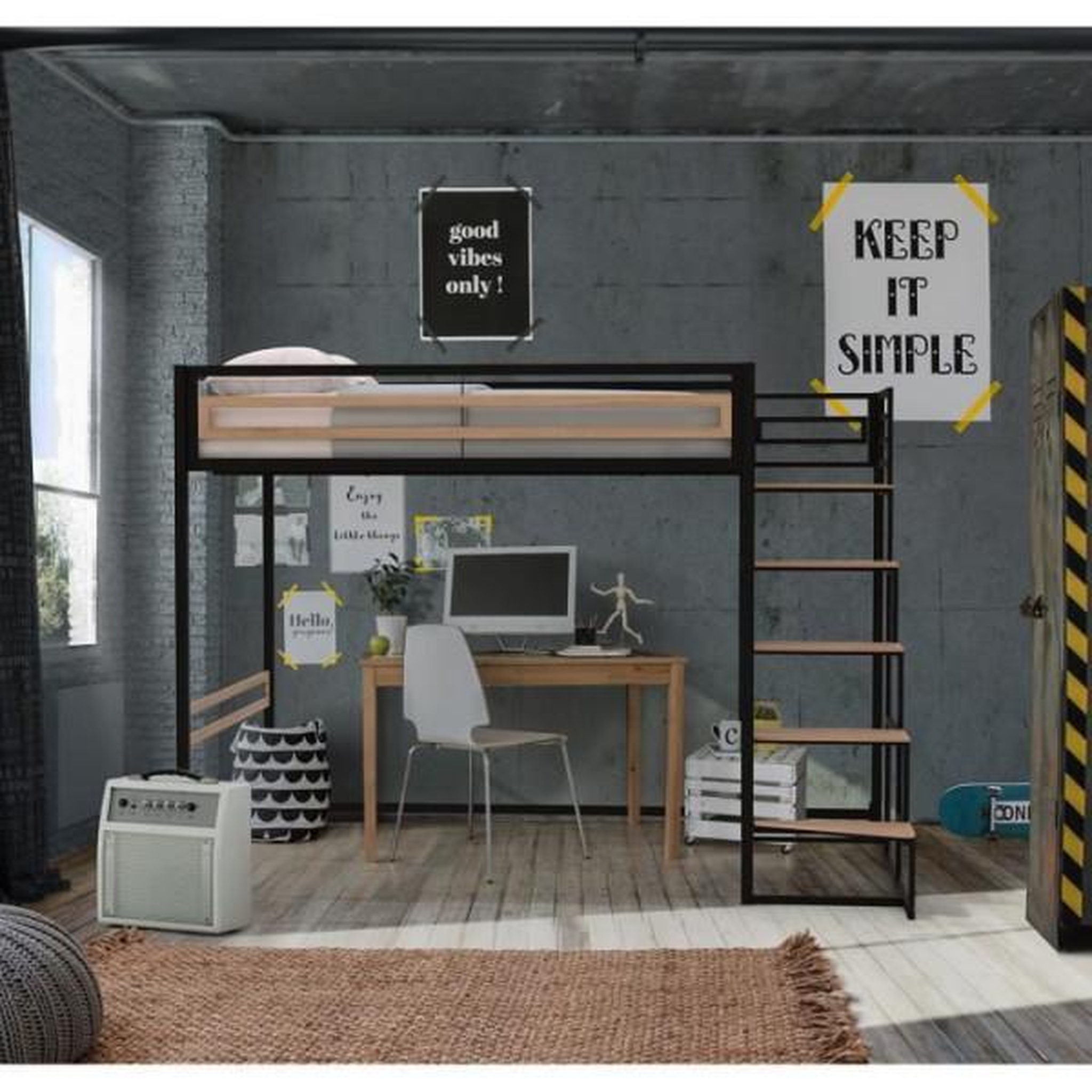 Voir la diapositive 2 : MARKET24 Lit mezzanine LEON - 140x190 cm - Métal noir - Sommier inclus