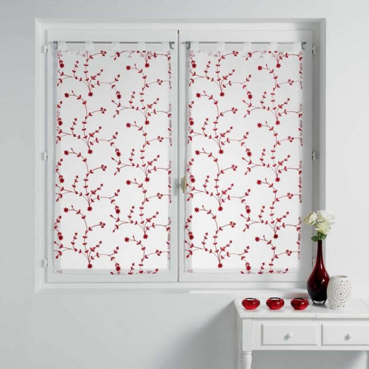 Paris Prix Paire de Voilages  Petite Fleur  60x120cm Blanc & Rouge