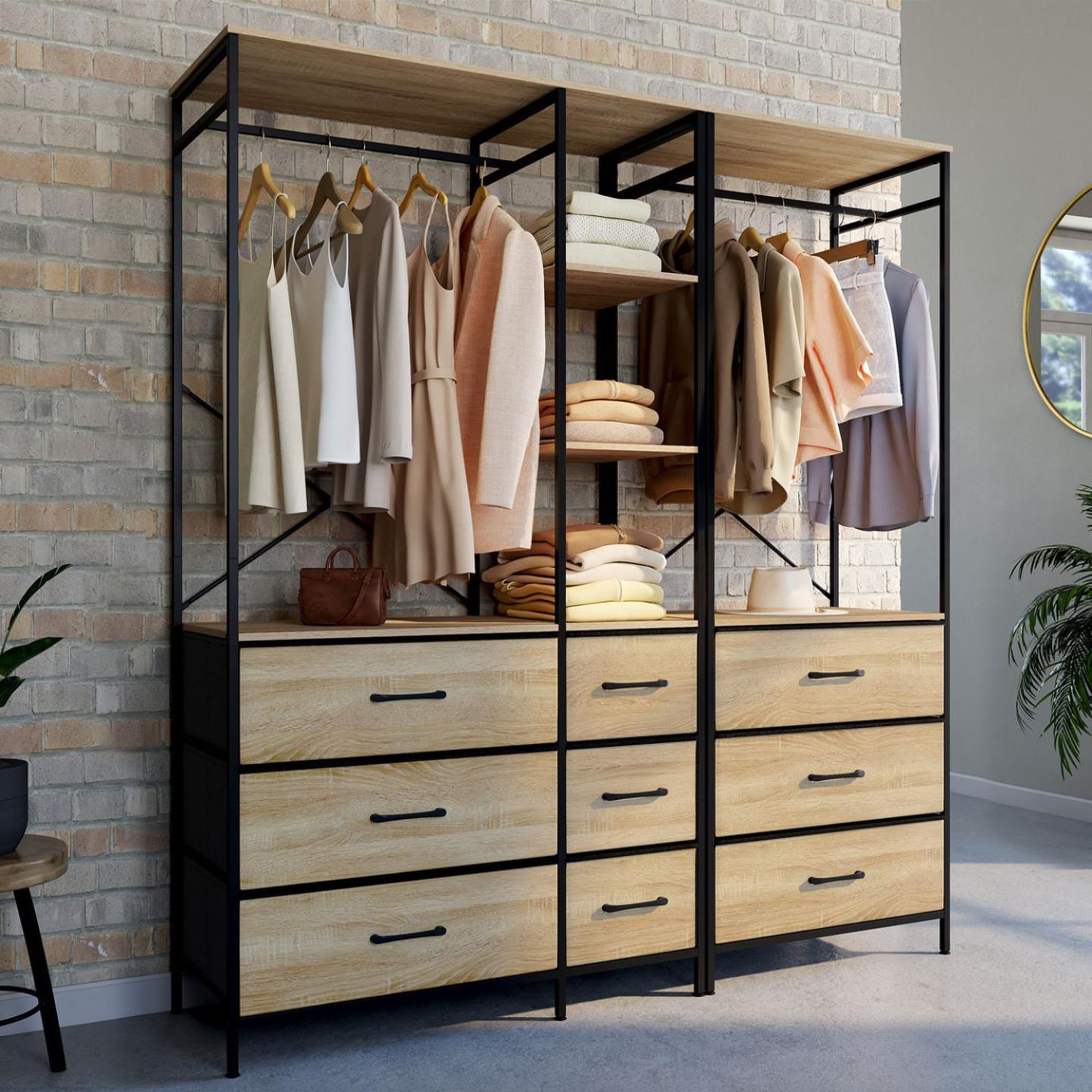 Voir la diapositive 2 : ID MARKET Dressing penderie modulable l. 150 cm utah xxl avec 3 étagères et 9 bacs en tissu bois et noir