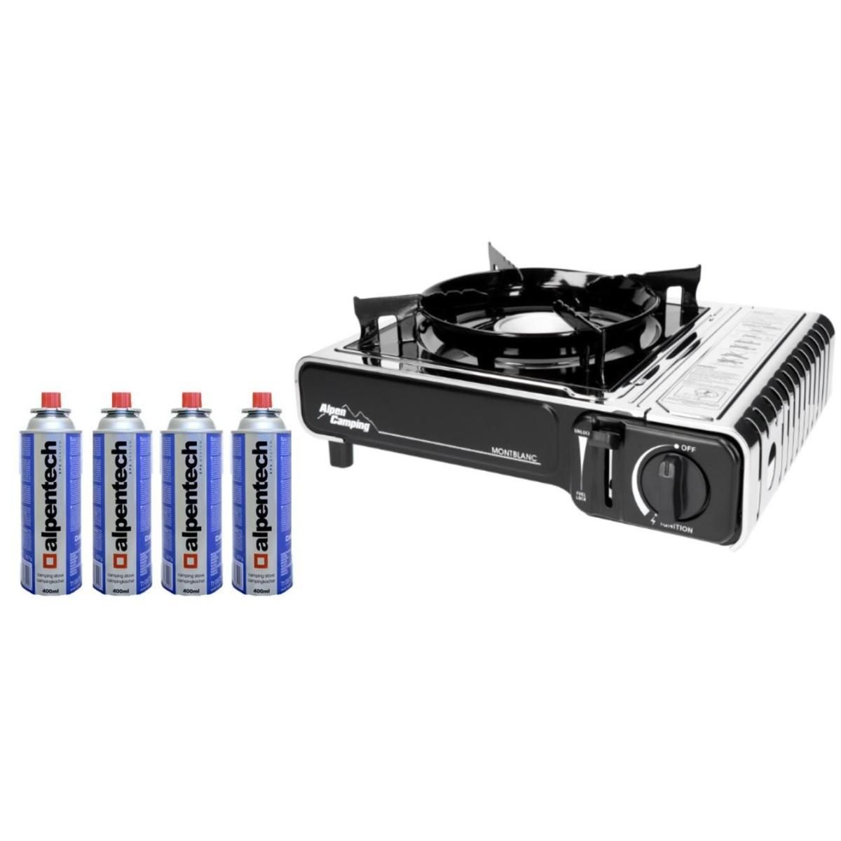 ALPENTECH Réchaud à gaz INOX 2200W MONT BLANC + 4 Cartouches de gaz Camping ALPEN