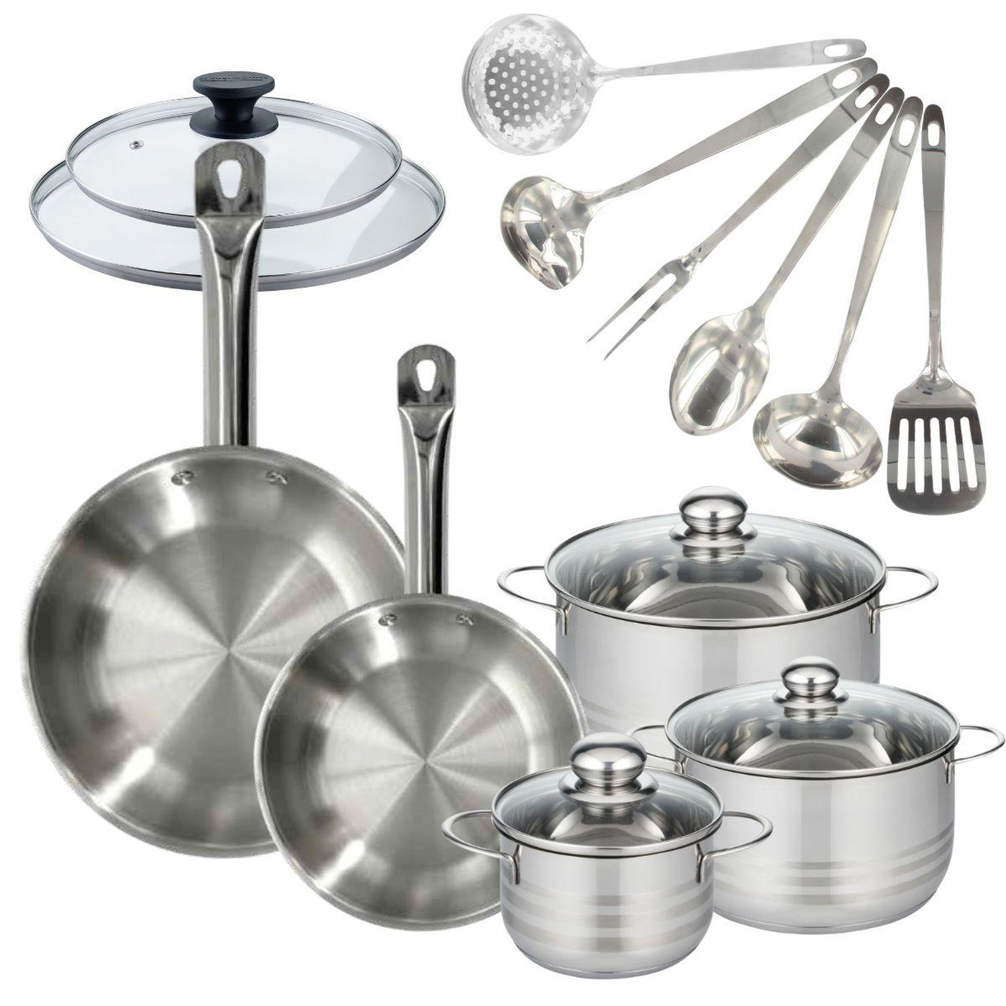 Fackelmann Batterie de cuisine 2 poêles 24/28 cm et couvercles, 3 faitouts 16/20/24 cm et 6 ustensiles fackelmann eterna