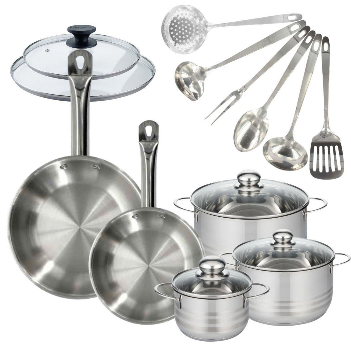 Fackelmann Set 2 poêles 24 et 28 cm en inox et couvercles, 3 faitouts inox 16, 20 et 24 cm et 6 ustensiles inox Fackelmann Eterna