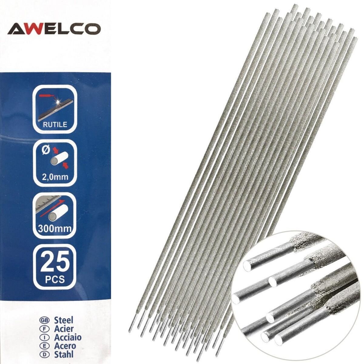 Awelco Etui de 25 Electrodes soudage Acier 2 x 300 mm Baguette enrobée soudure à l'arc toutes positions Awelco