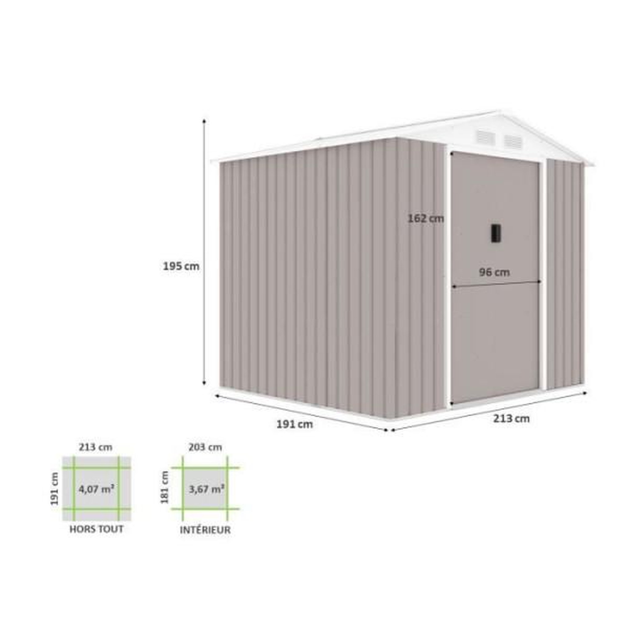 Voir la diapositive 5 : MARKET24 Abri de jardin en métal 4,07 m² - 213 x 191 x 195 cm - MARS - Kit d'ancrage inclus, 2 portes coulissantes - Taupe