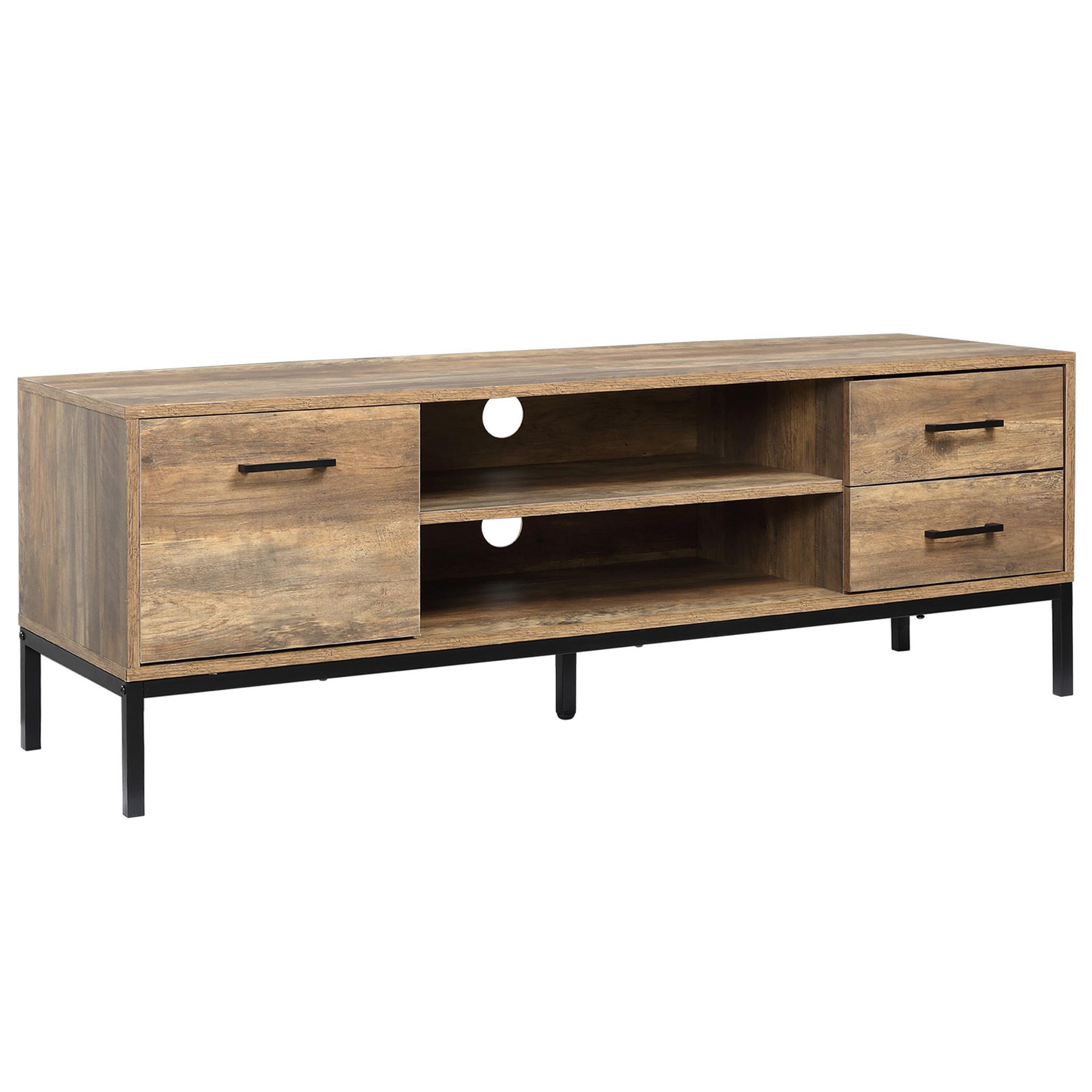 Voir la diapositive 1 : HOMCOM Meuble TV banc TV design industriel - porte, 2 tiroirs, 2 niches - piètement acier noir - aspect bois de manguier