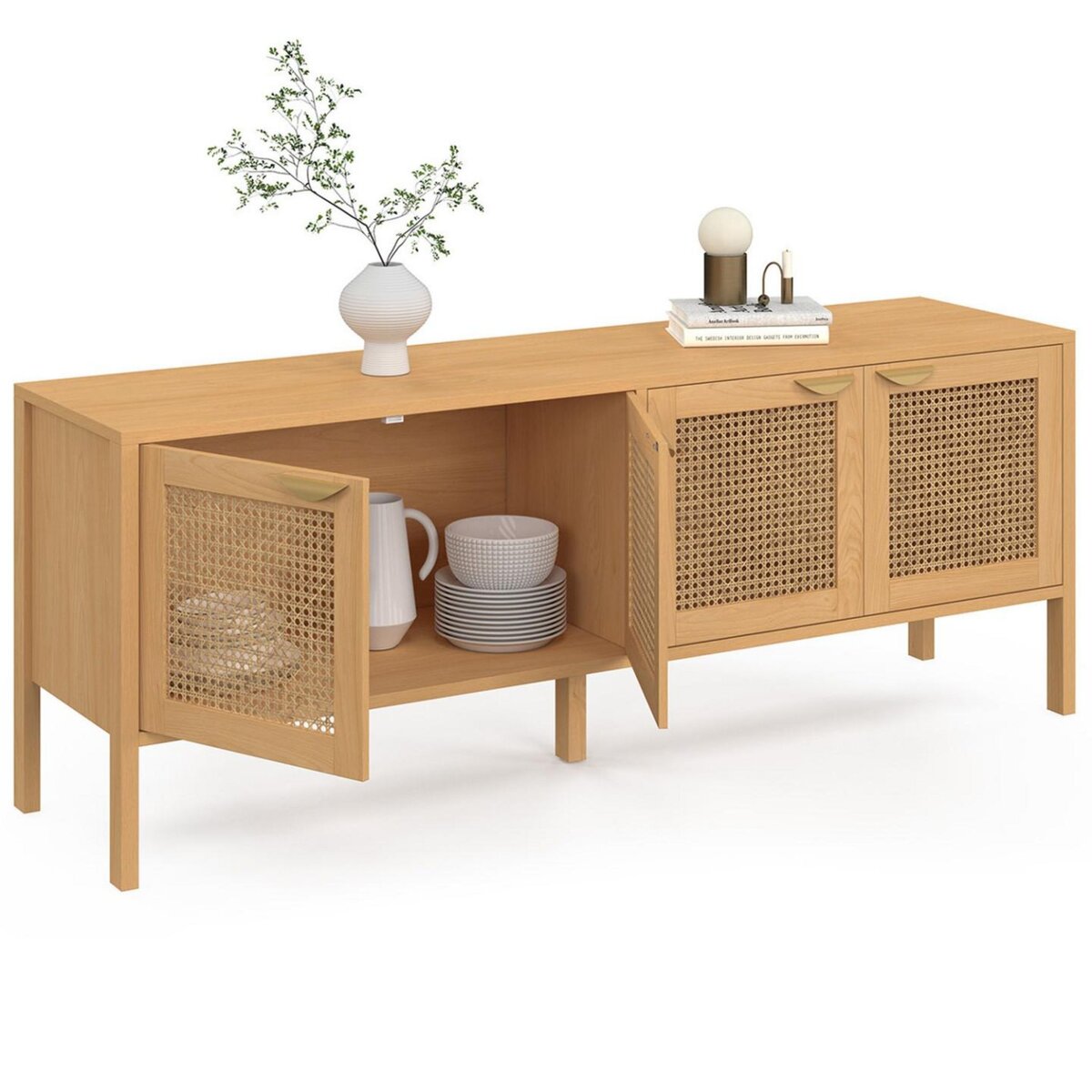 ID MARKET Buffet bas 160 cm EDHEN 4 portes bois et cannage