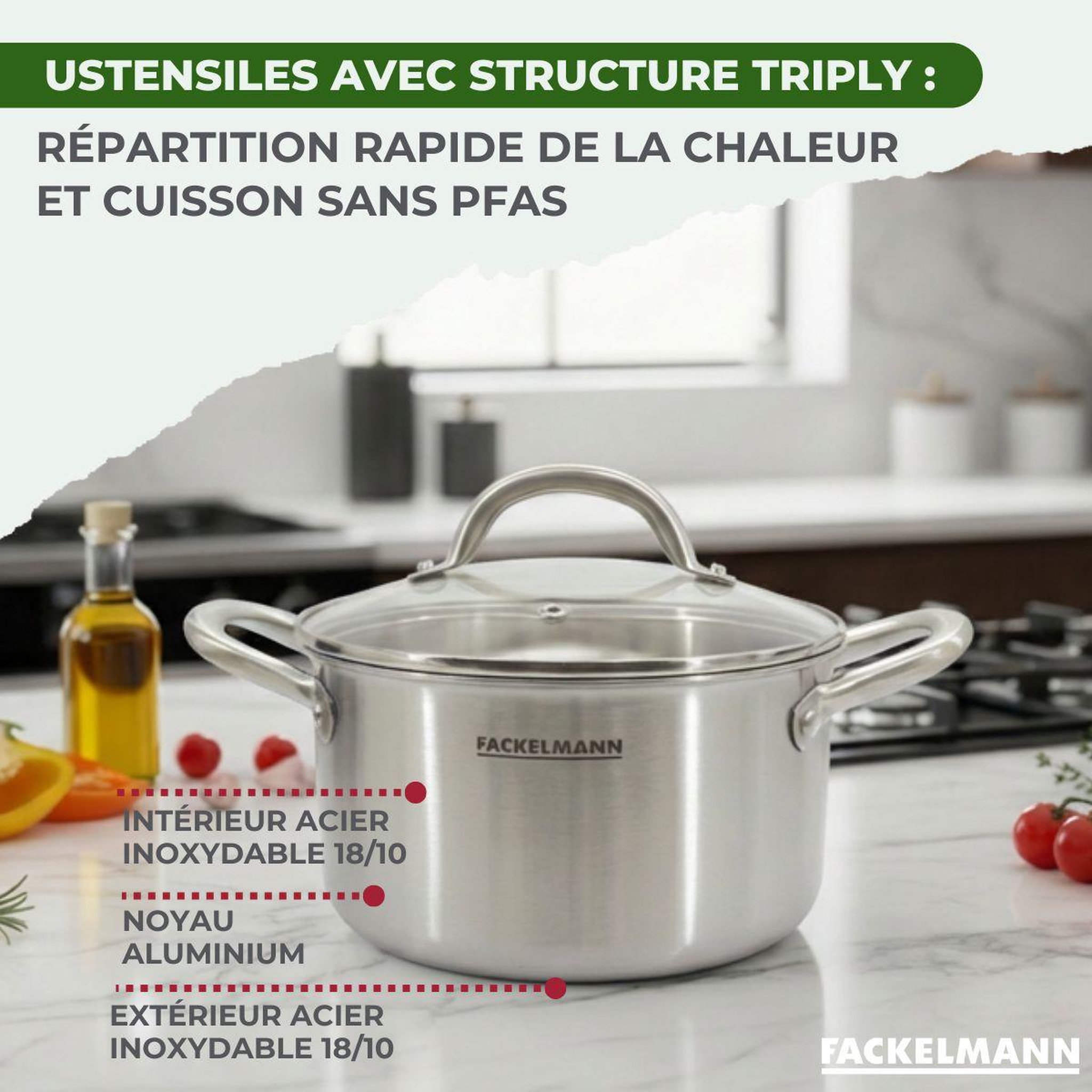 Voir la diapositive 5 : Fackelmann Poêle à frire 20 cm, casseroles 14 et 18 cm, faitouts 20 24 cm inox 18/10 triply et couvercle fackelmann vita3