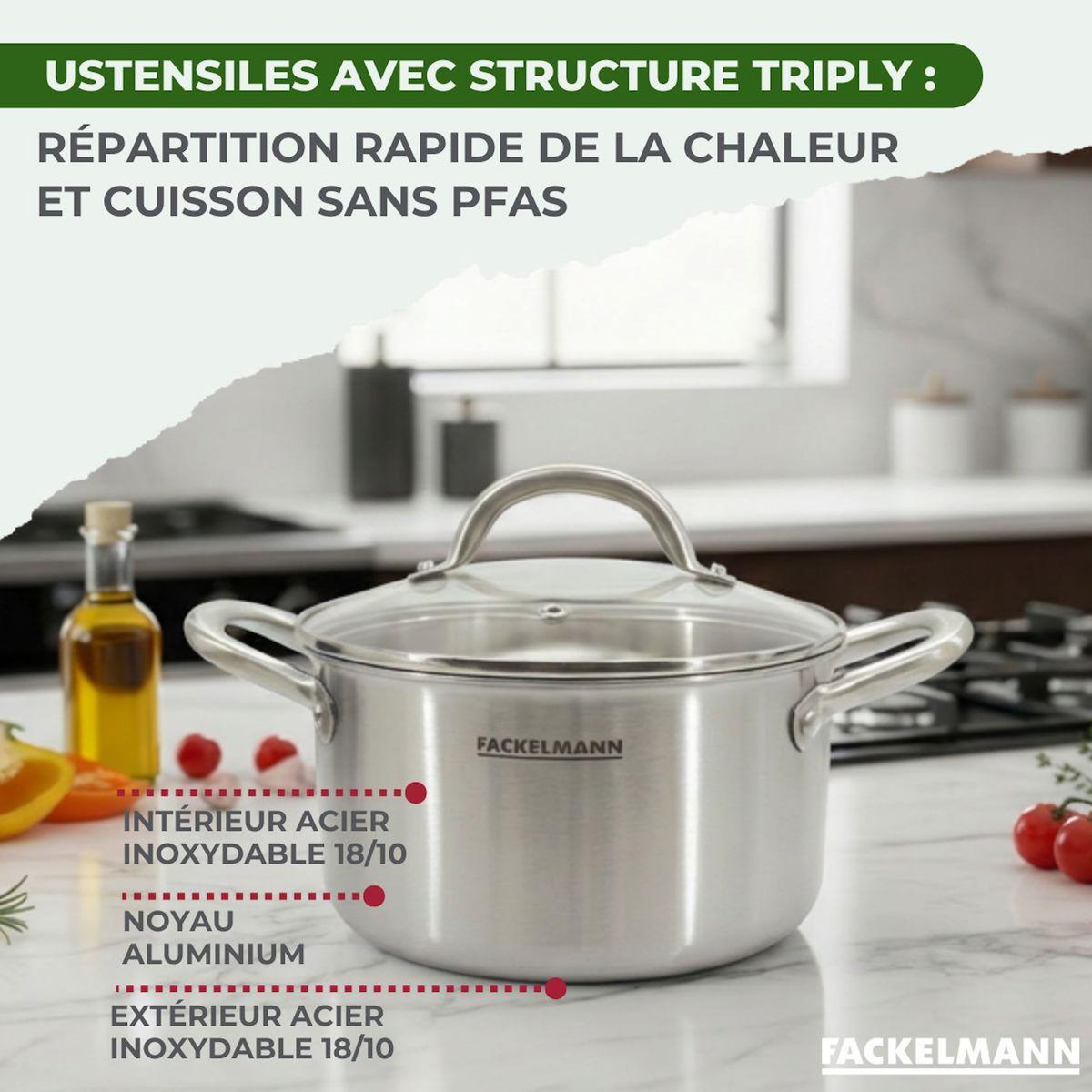 Fackelmann Poêle à Frire 20 cm, Casseroles 14 16 et 18 cm, Faitouts 20 24 cm inox 18/10 Triply et couvercle Fackelmann Vita3