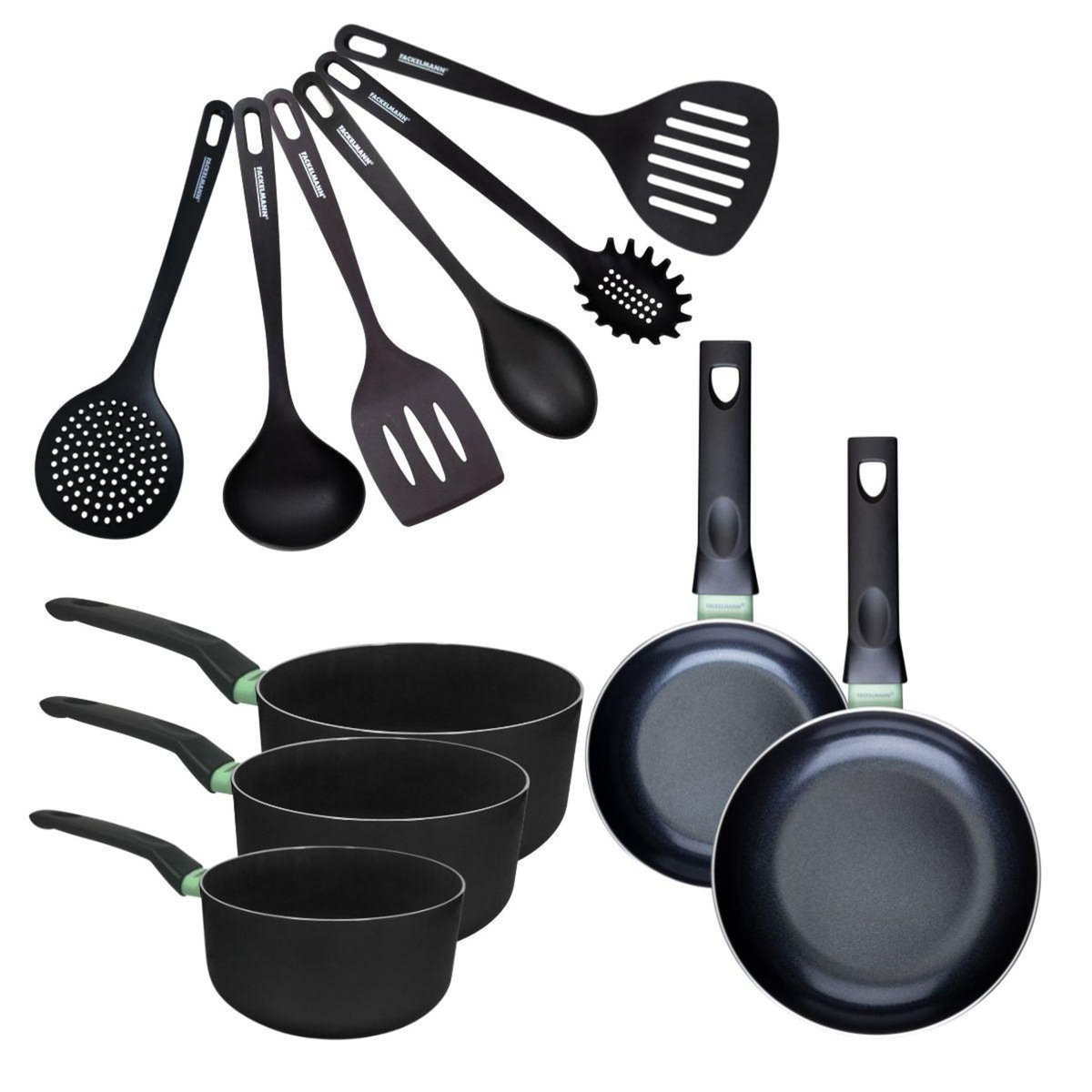 Fackelmann Set de 2 poêles 16 et 20 cm, 3 casseroles antiadhésives céramique 16, 18 et 20 cm et 6 ustensiles Fackelmann Brandao