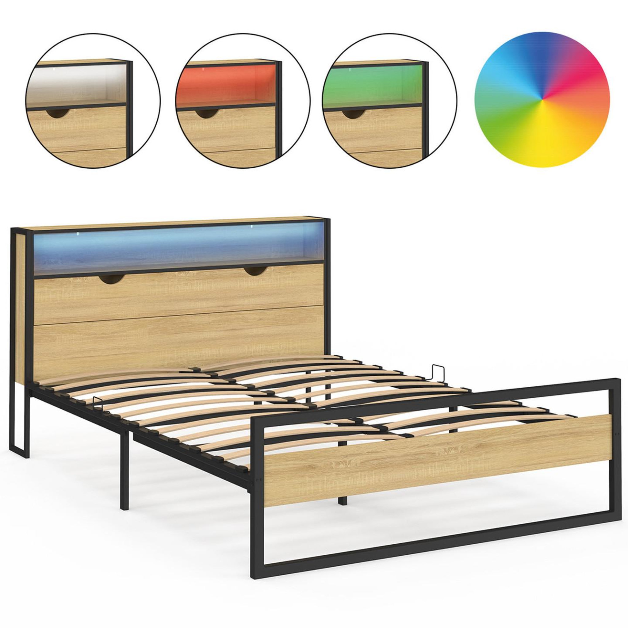 Voir la diapositive 4 : ID MARKET Lit double detroit led intégrés dans la tête de lit et sommier 140 x 190 cm effet bois et métal noir design industriel