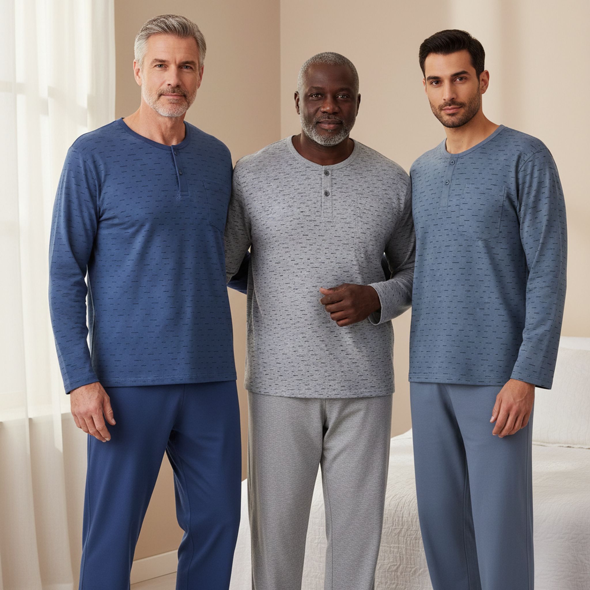 Voir la diapositive 2 : OZABI OZABI Ensemble Pyjama Homme Long Pack de 3, Haut Imprimé Col Boutonné