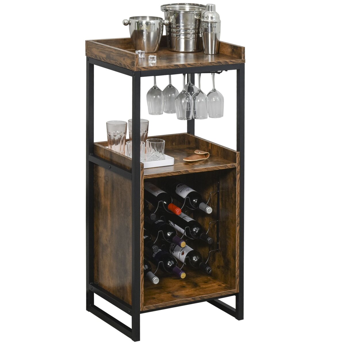 HOMCOM Casier à vin design industriel étagère à bouteilles 9 bouteilles support verres à vin intégré métal noir aspect vieux bois veinage