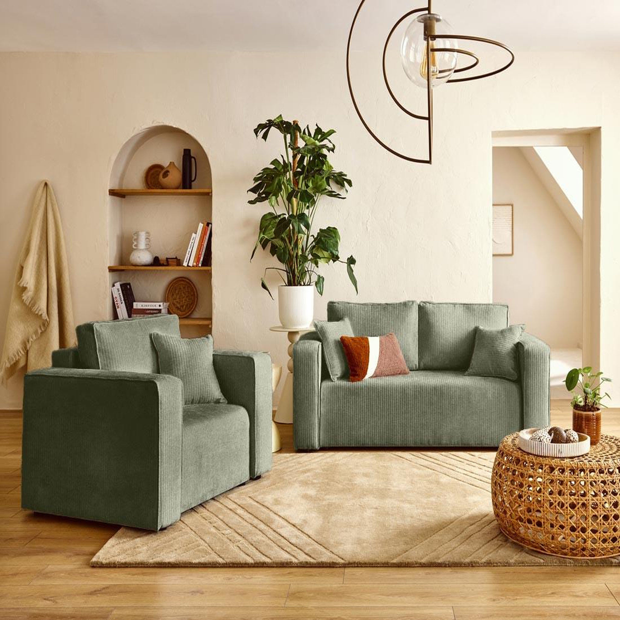 Voir la diapositive 2 : BEST MOBILIER Topaze - canapé droit 2 places en velours côtelé plat