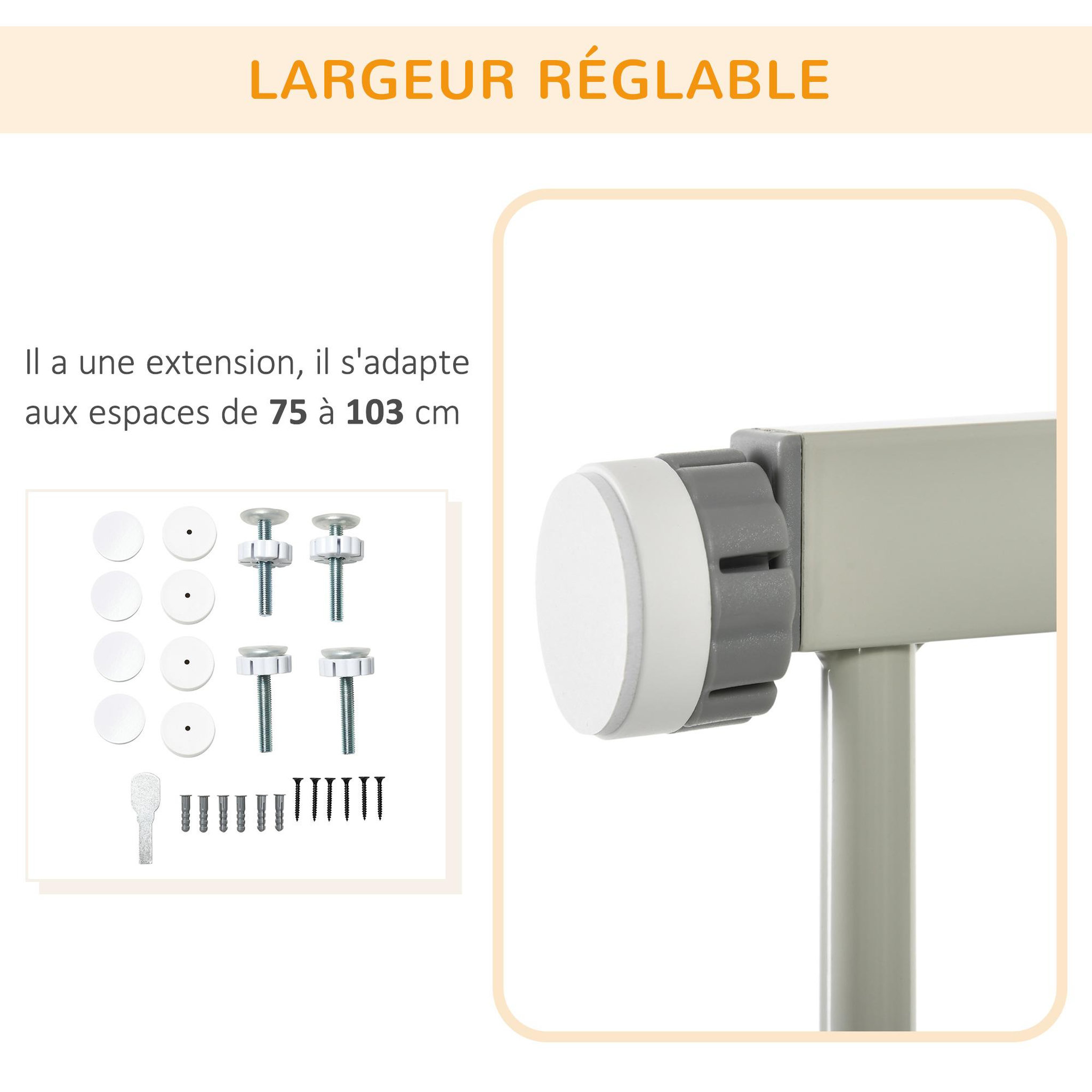 Voir la diapositive 6 : PAWHUT Barrière de sécurité animaux - longueur réglable dim. 75-103 cm - porte double verrouillage, ouverture double sens -sans perçage - acier abs gris