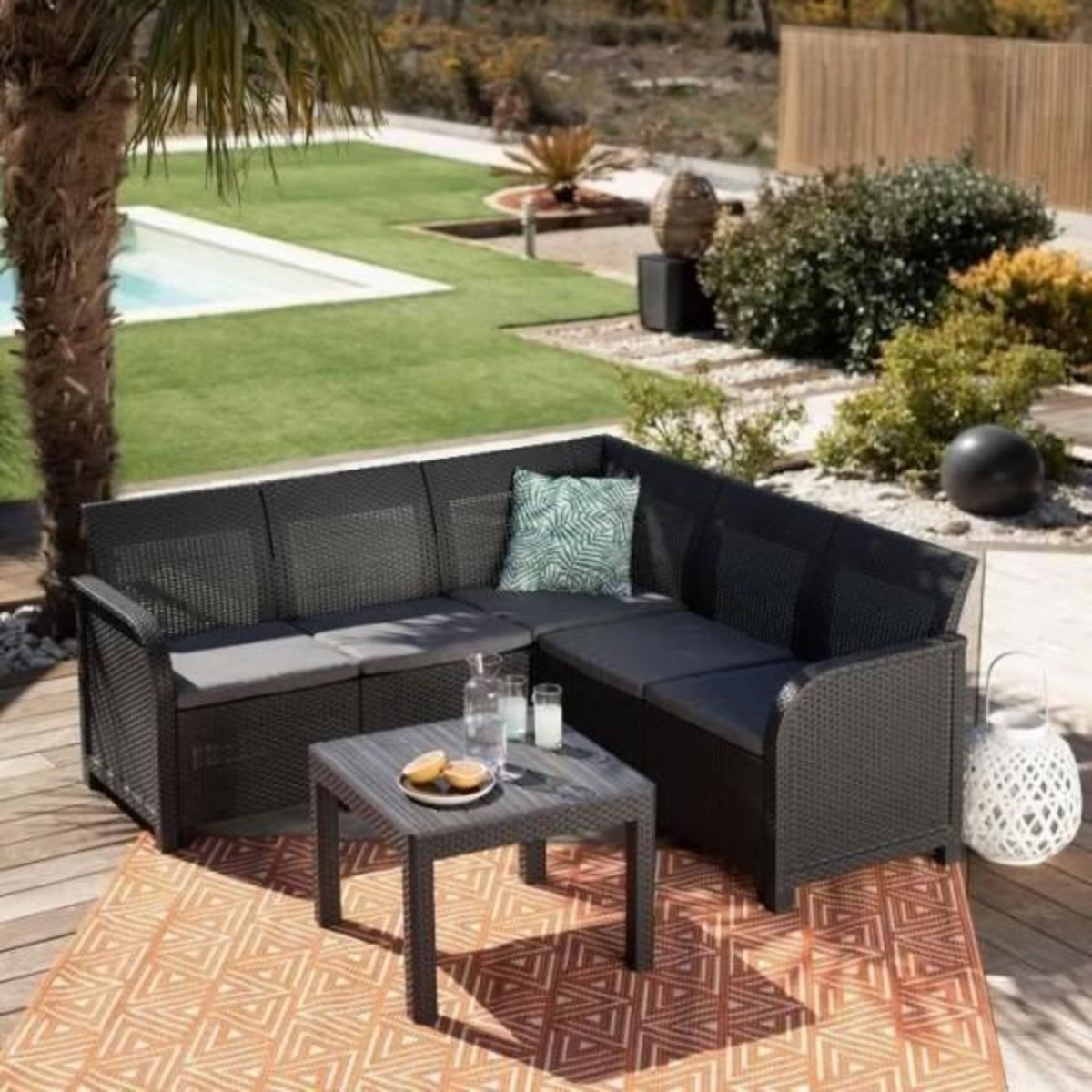 ALLIBERT by KETER Salon de jardin - résine aspect rotin tressé- Allibert by KETER - 5 personnes - SanRemo - Gris graphite