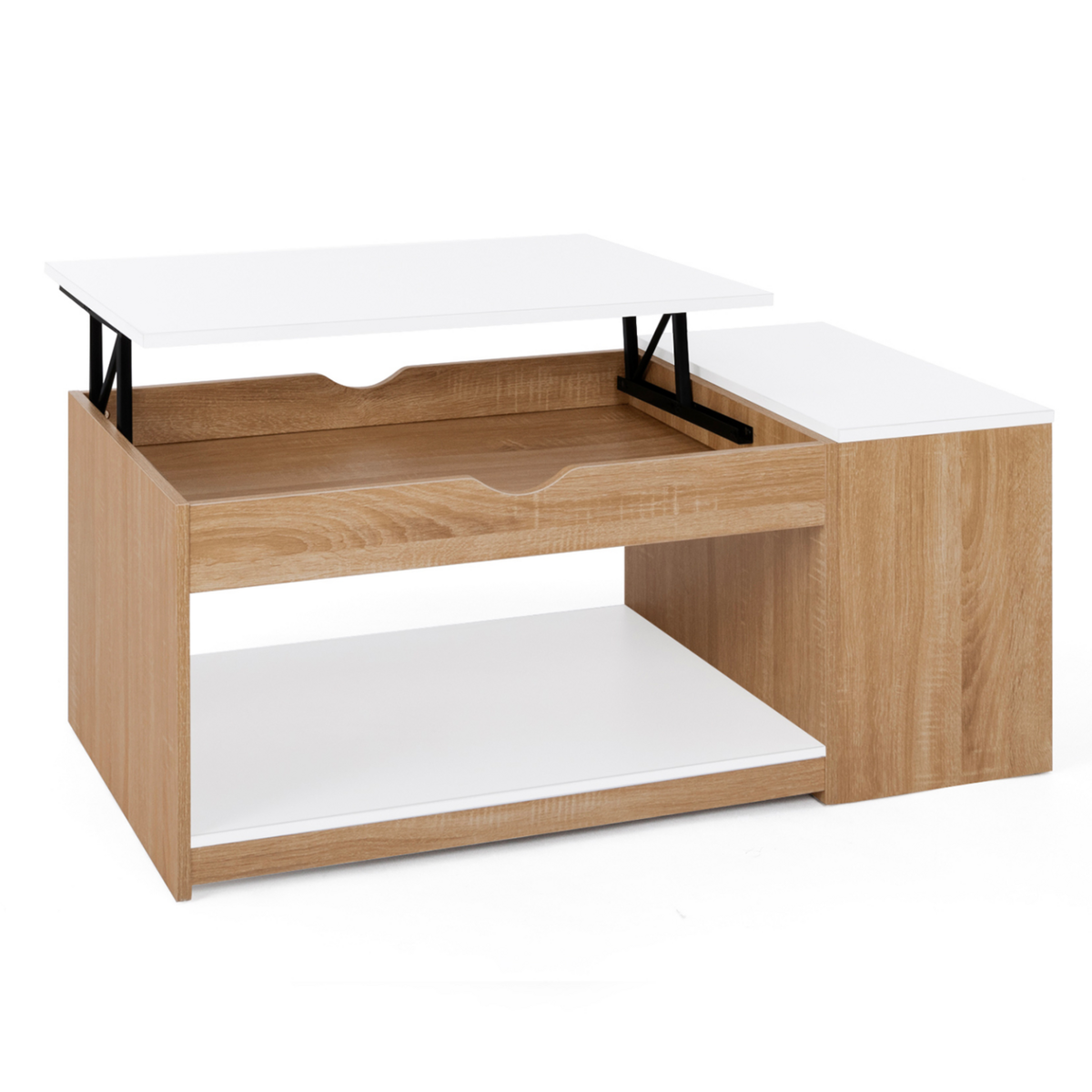 ID MARKET Table basse plateau relevable rectangulaire ELEA avec coffre bois façon hêtre et blanc