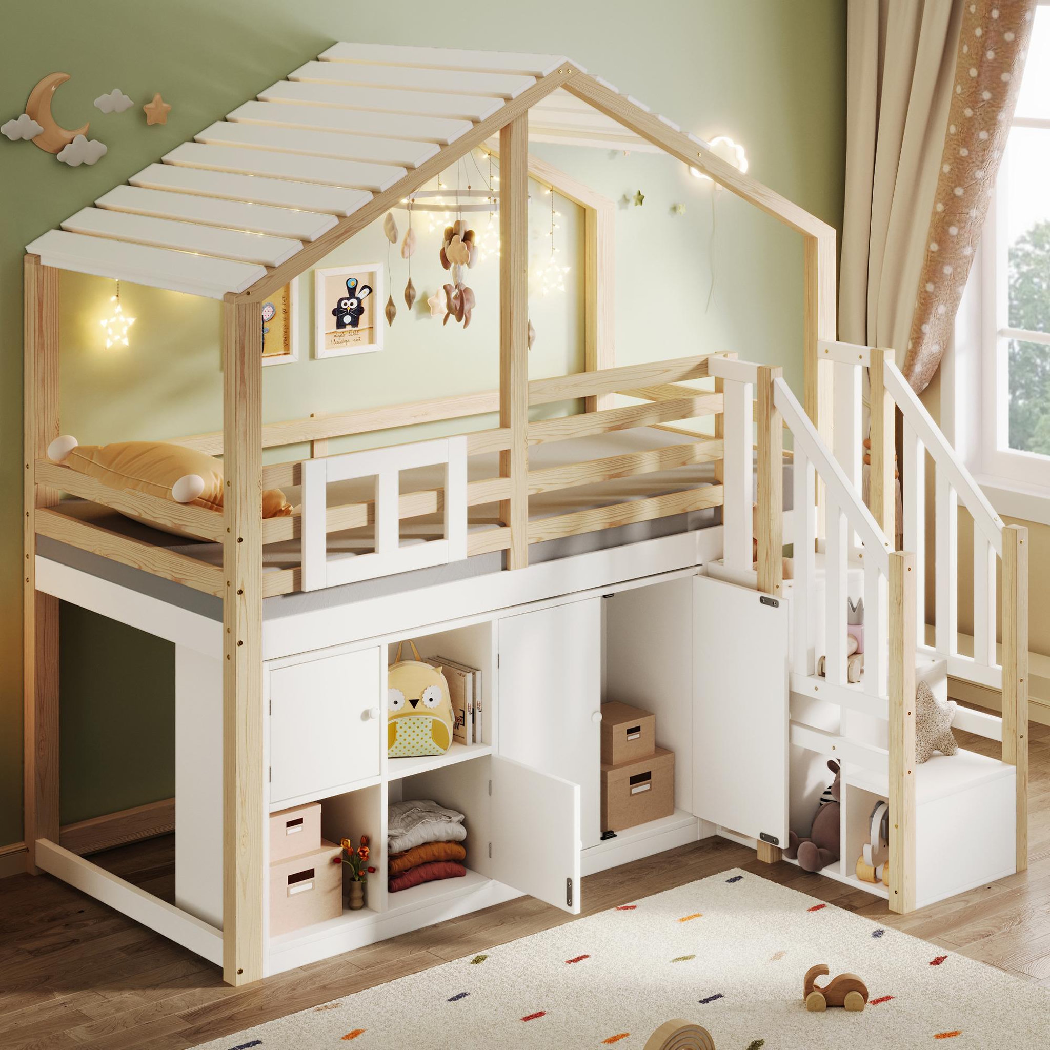 Voir la diapositive 5 : MERAX Lit combiné enfant 90x200 cm coloris blanc+natutel pin